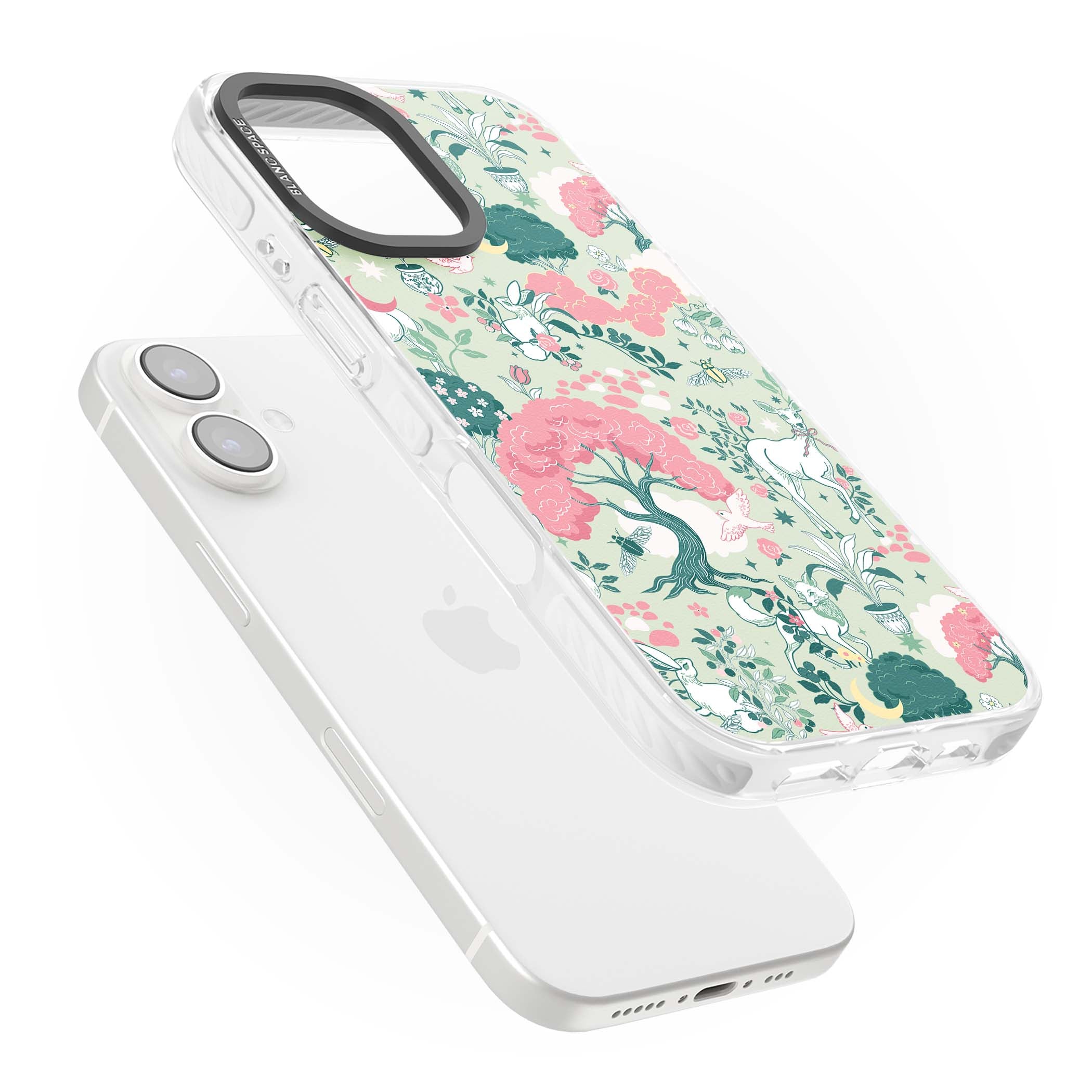 Enchanted Woodland cottagecore iPhone case featuring white deer, pink roses, mushrooms and woodland animals on sage green | Clear Impact case for iPhone 16, iPhone 16 Plus