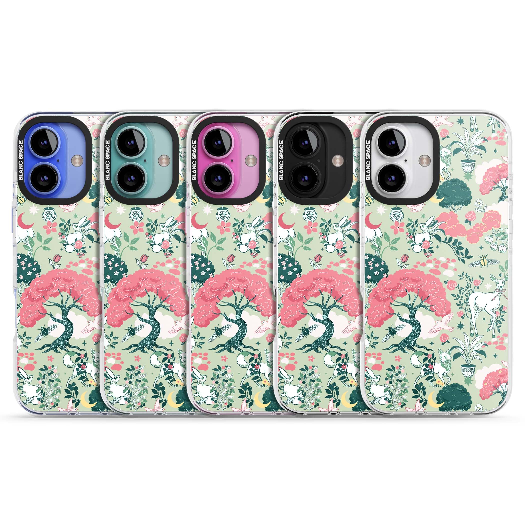 Enchanted Woodland cottagecore iPhone case featuring white deer, pink roses, mushrooms and woodland animals on sage green | Clear Impact case for iPhone 16, iPhone 16 Plus
