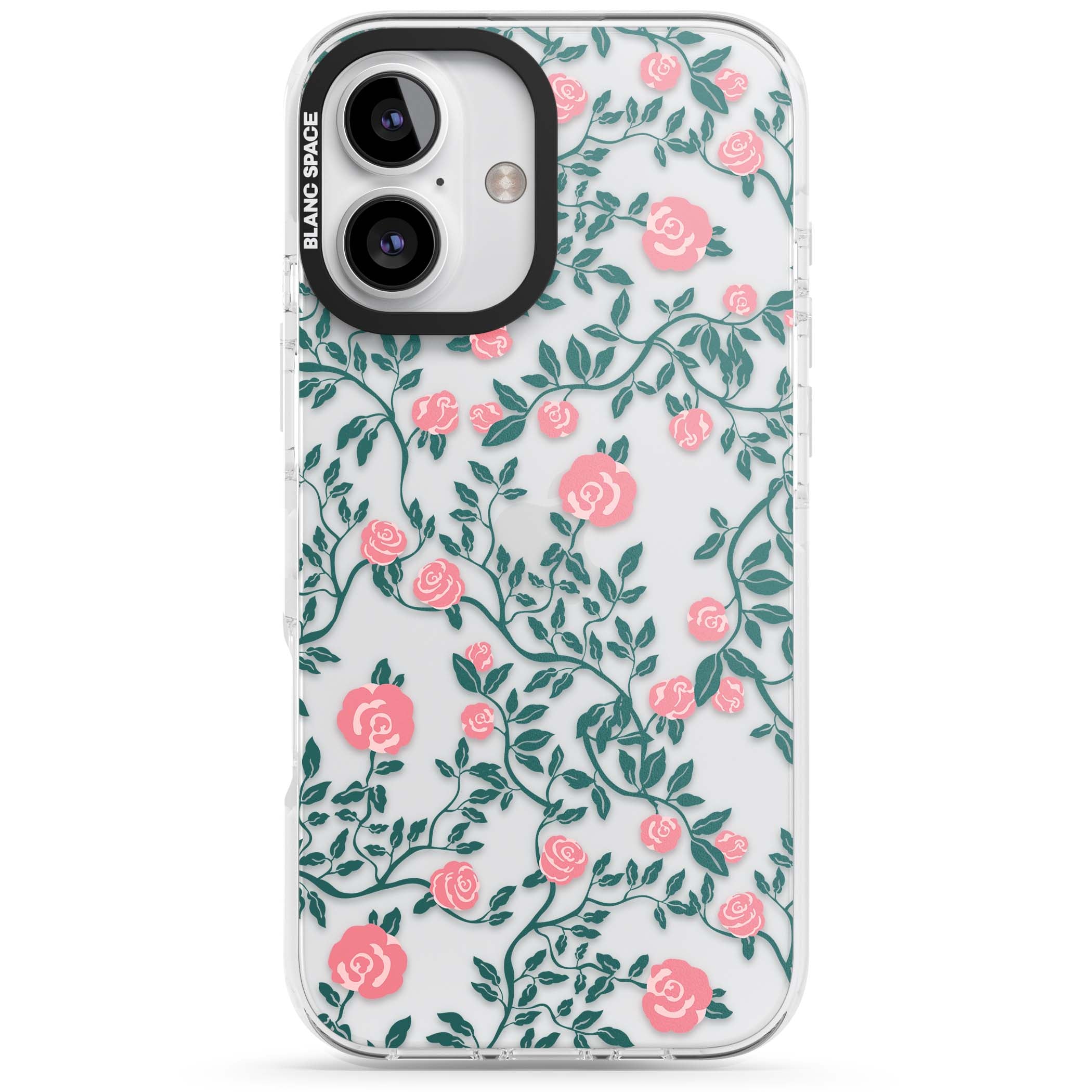 Rose Trellis (Clear) cottagecore iPhone case featuring pink climbing roses and green leaves on clear background | Clear Impact case for iPhone 16, iPhone 16 Plus