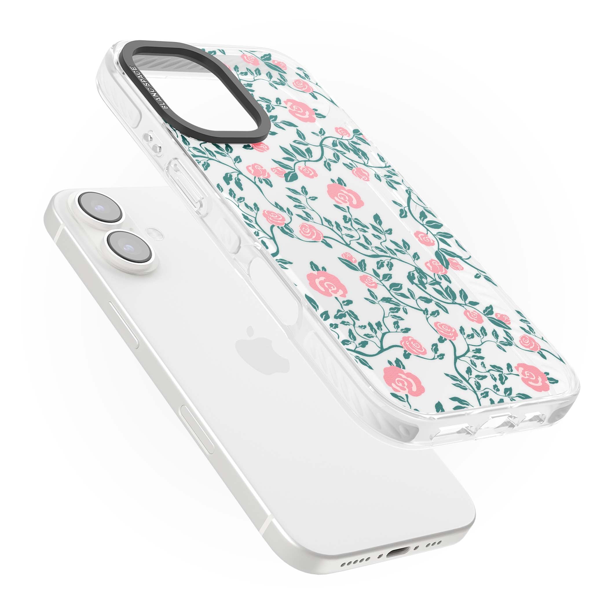 Rose Trellis (Clear) cottagecore iPhone case featuring pink climbing roses and green leaves on clear background | Clear Impact case for iPhone 16, iPhone 16 Plus