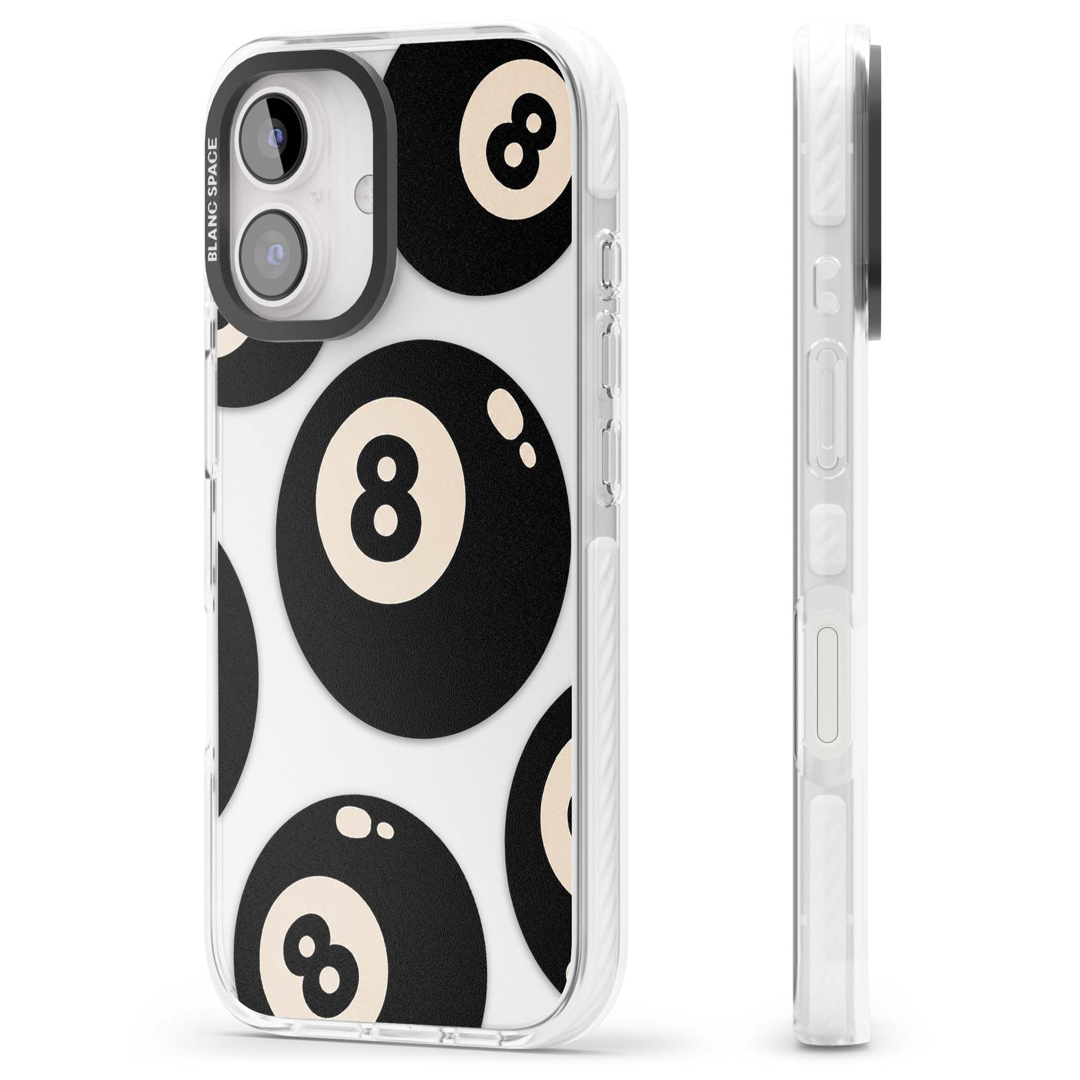 Eights y2k iPhone case featuring scattered black 8 balls with cream highlights on a clear background | Clear Impact case for iPhone 16, iPhone 16 Plus