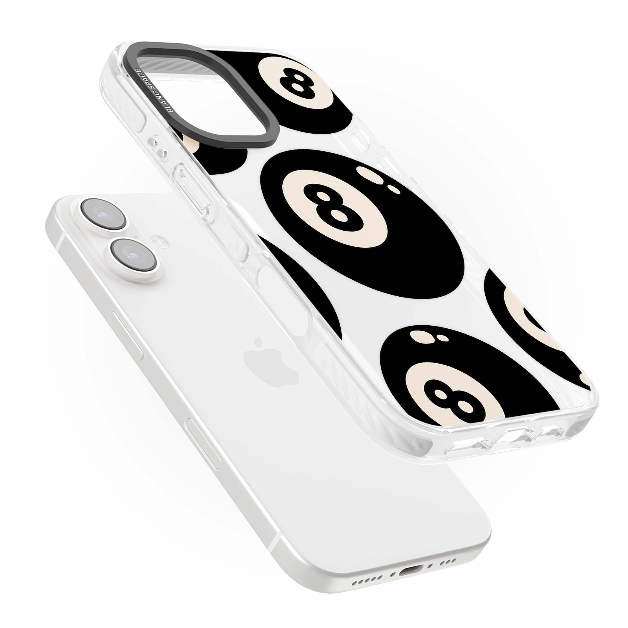 Eights y2k iPhone case featuring scattered black 8 balls with cream highlights on a clear background | Clear Impact case for iPhone 16, iPhone 16 Plus
