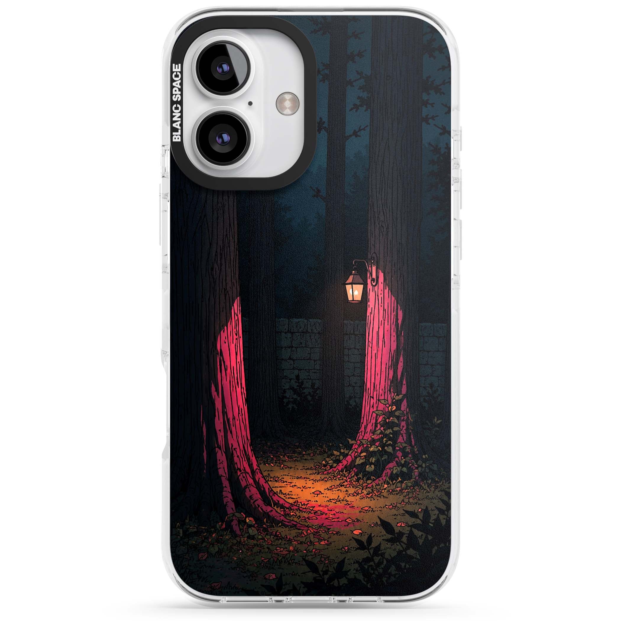 Forest Lantern dark academia iPhone case featuring a moonlit forest, glowing lantern, and stone wall pathway | Clear Impact case for iPhone 16, iPhone 16 Plus