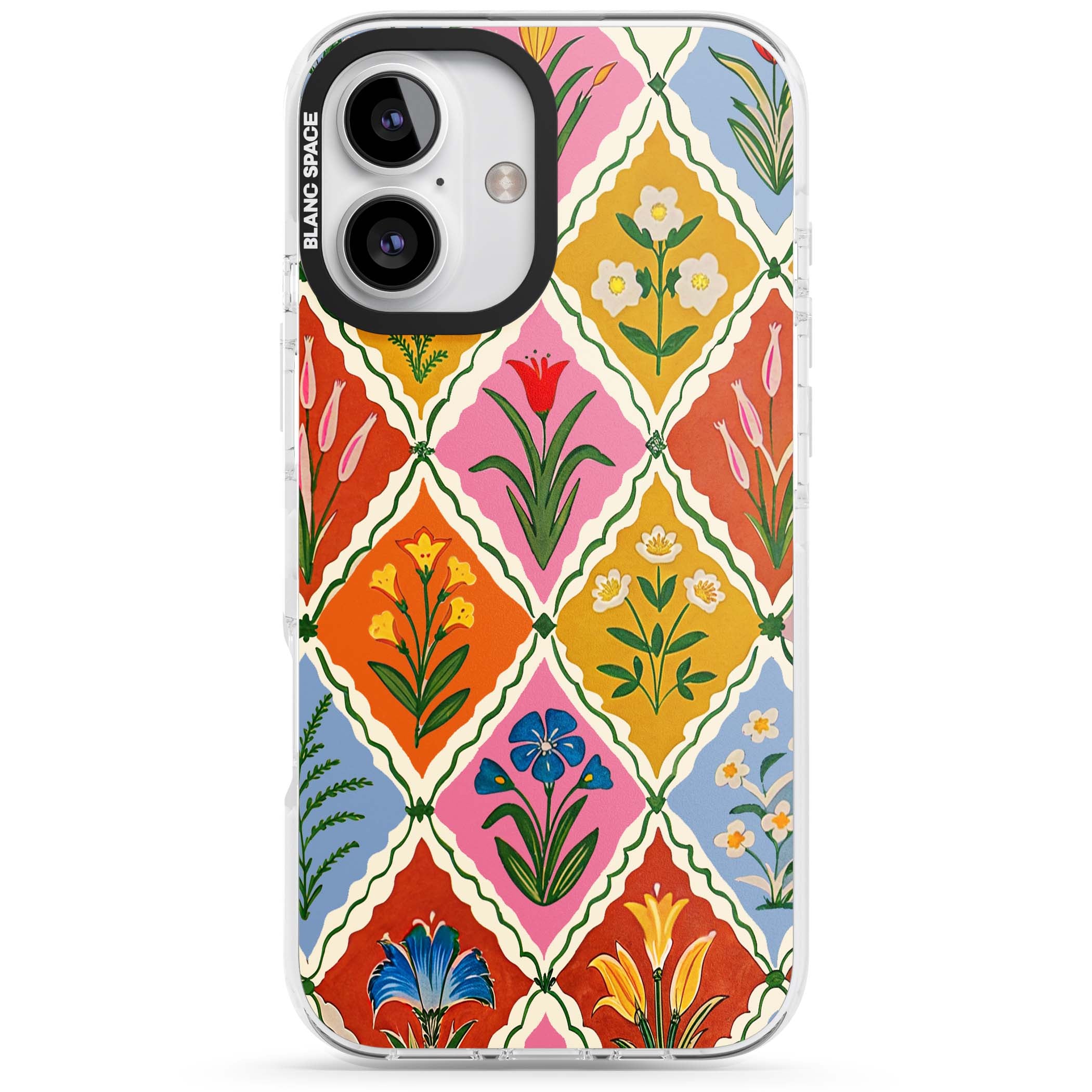 Floral Quilt boho floral iPhone case featuring diamond lattice pattern, hand-painted tulips and folk art wildflowers | Clear Impact case for iPhone 16, iPhone 16 Plus