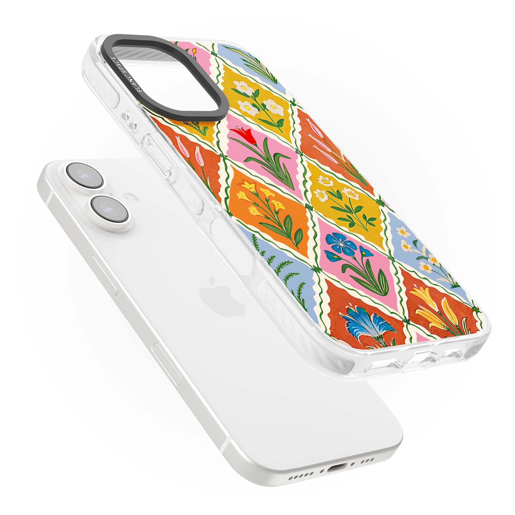 Floral Quilt boho floral iPhone case featuring diamond lattice pattern, hand-painted tulips and folk art wildflowers | Clear Impact case for iPhone 16, iPhone 16 Plus