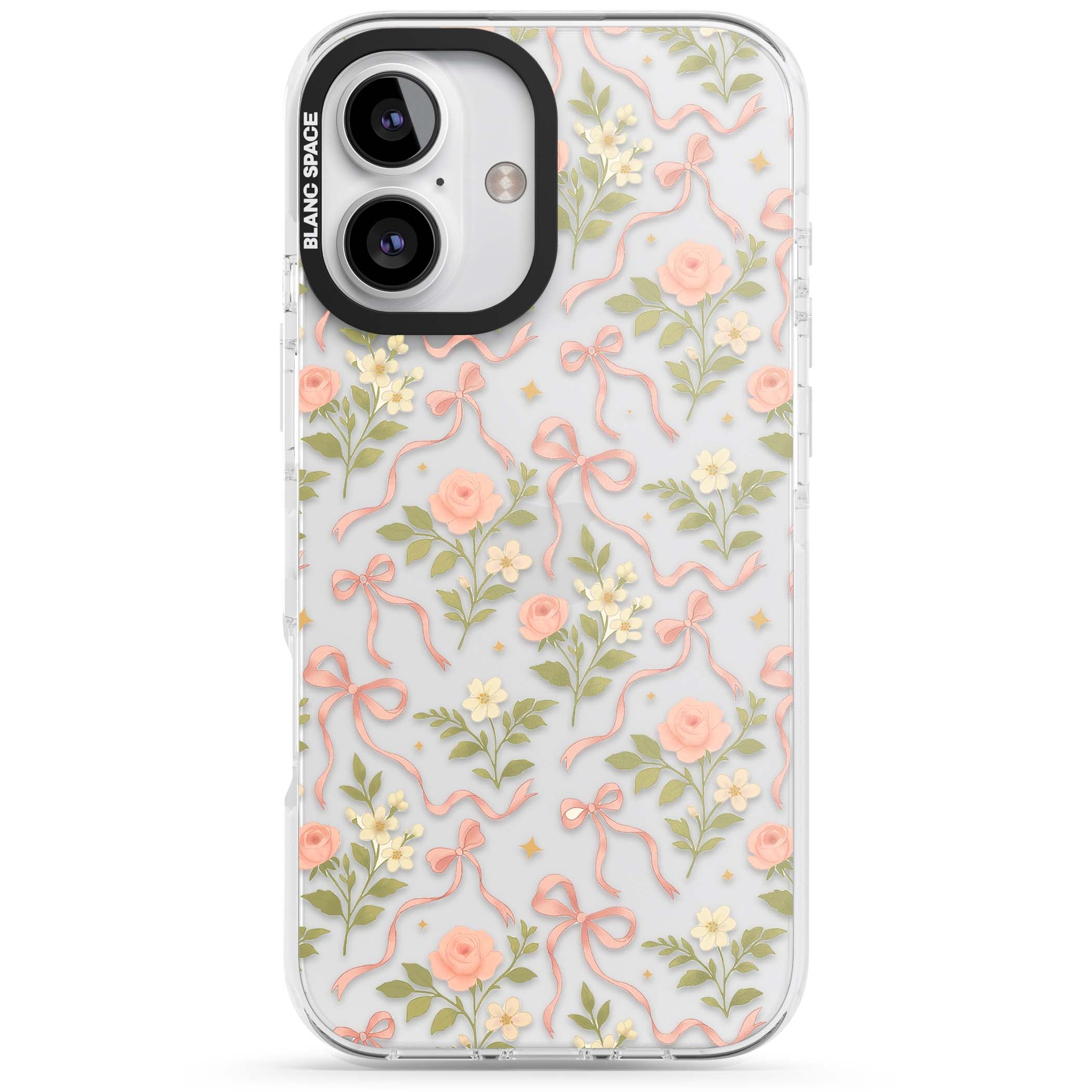 Ribbon Garden coquette iPhone case featuring pink bows, peach roses and wildflowers on white background | Clear Impact case for iPhone 16, iPhone 16 Plus