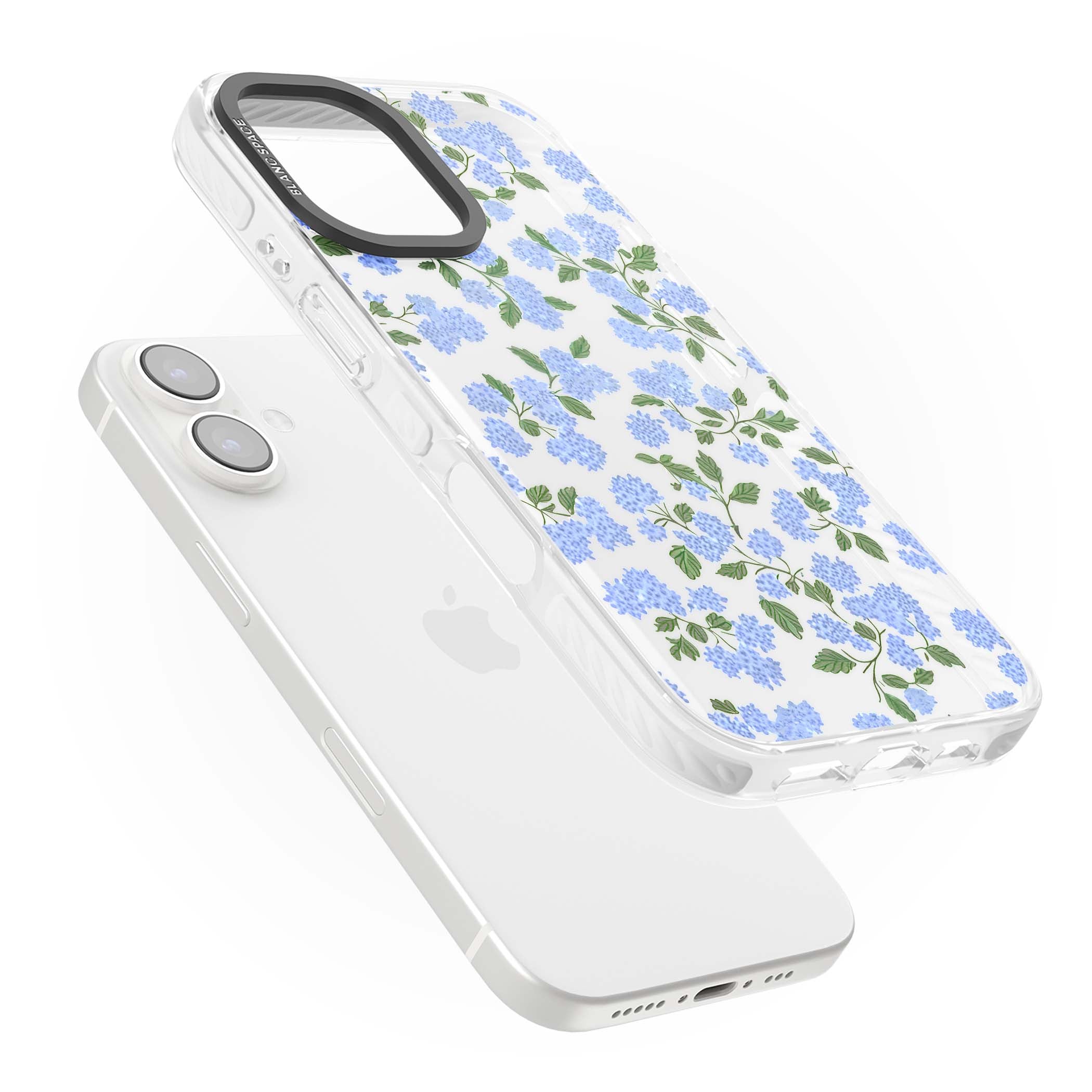 Hydrangea Dreams cottagecore iPhone case featuring soft blue hydrangea flower clusters and green leaves | Clear Impact case for iPhone 16, iPhone 16 Plus