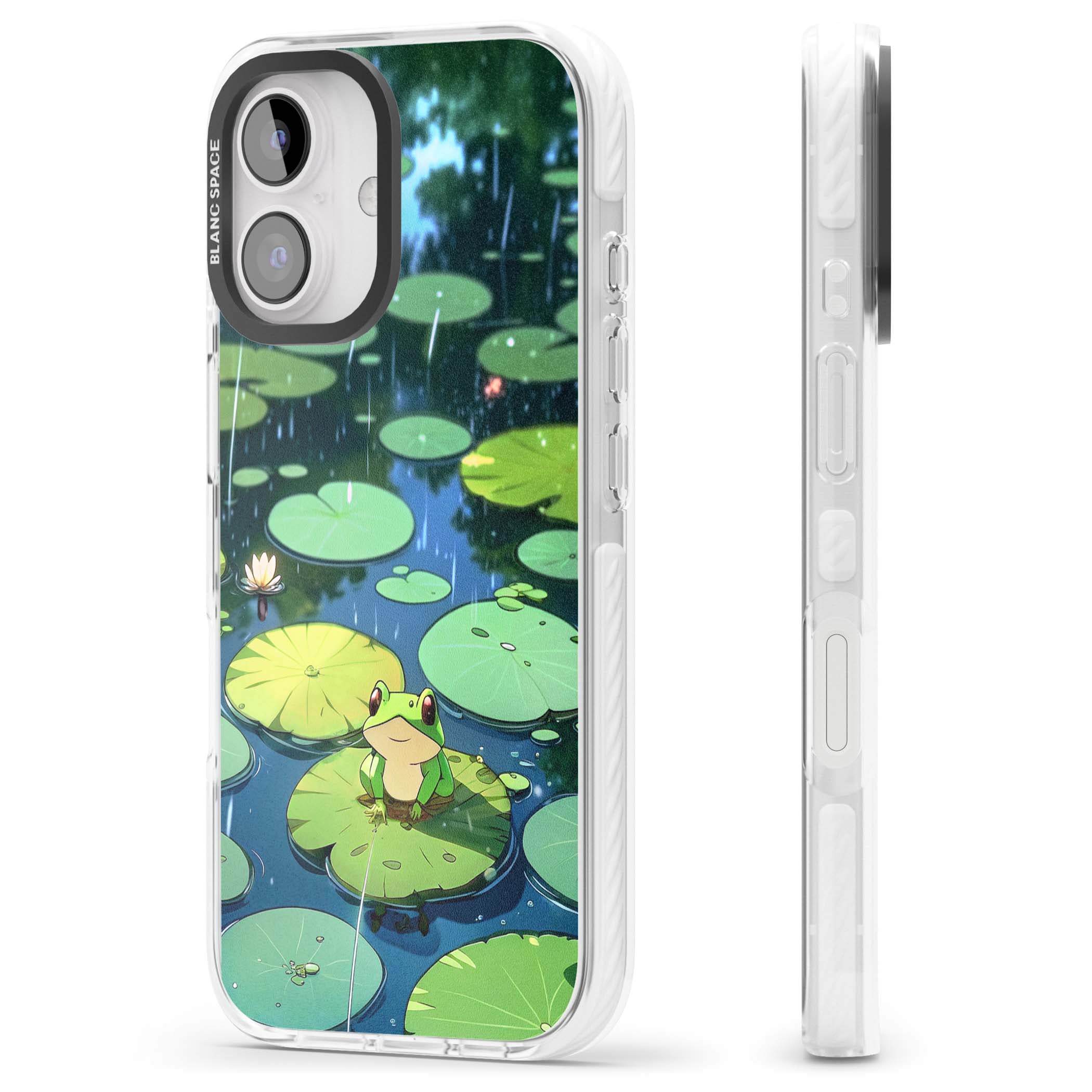 Frog In Lily Pond cottagecore iPhone case featuring a cute green frog on a lily pad with falling rain and a lotus flower | Clear Impact case for iPhone 16, iPhone 16 Plus