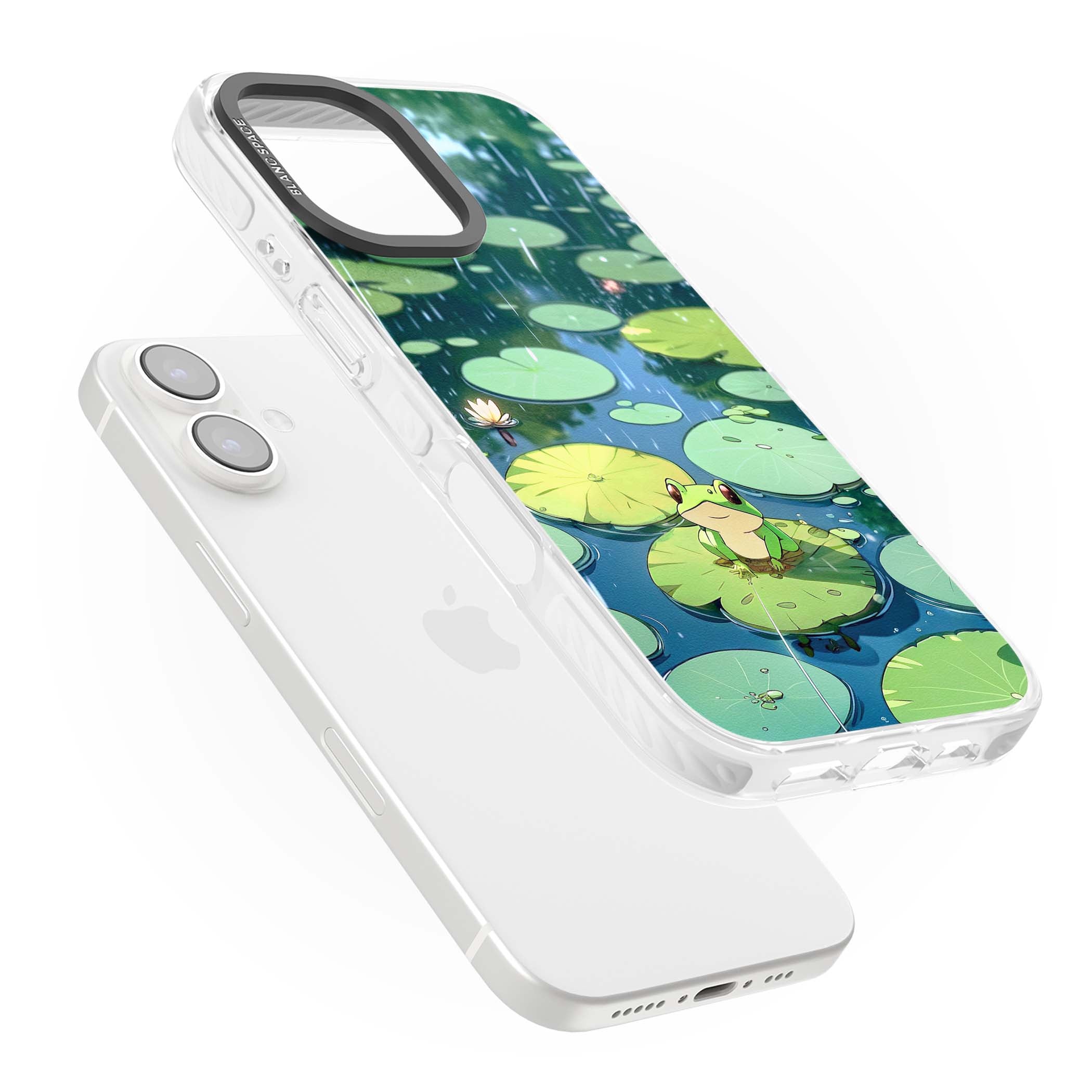 Frog In Lily Pond cottagecore iPhone case featuring a cute green frog on a lily pad with falling rain and a lotus flower | Clear Impact case for iPhone 16, iPhone 16 Plus