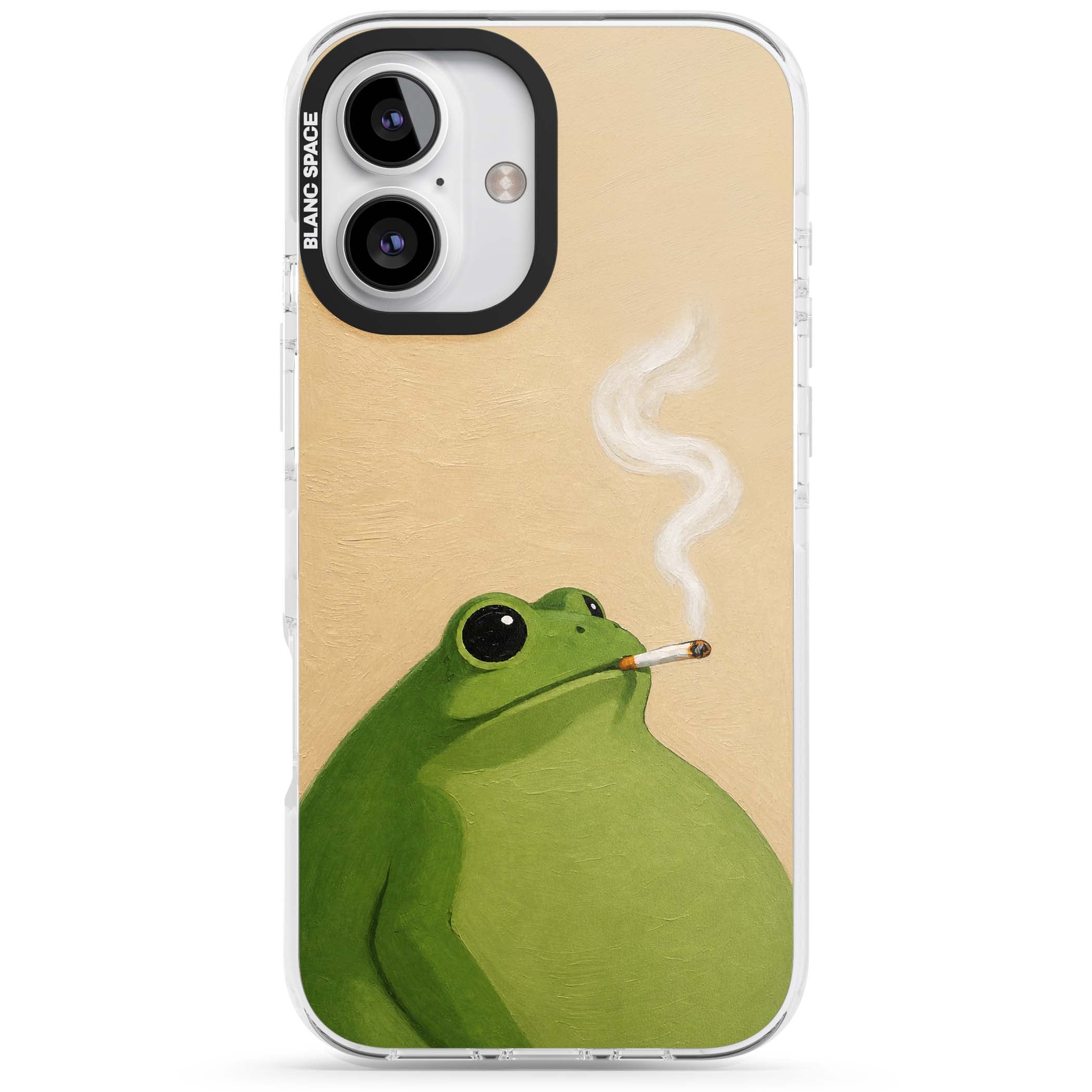 The Smoking Frog cottagecore iPhone case featuring a hand-painted green frog smoking a cigarette on a cream oil painting back | Clear Impact case for iPhone 16, iPhone 16 Plus