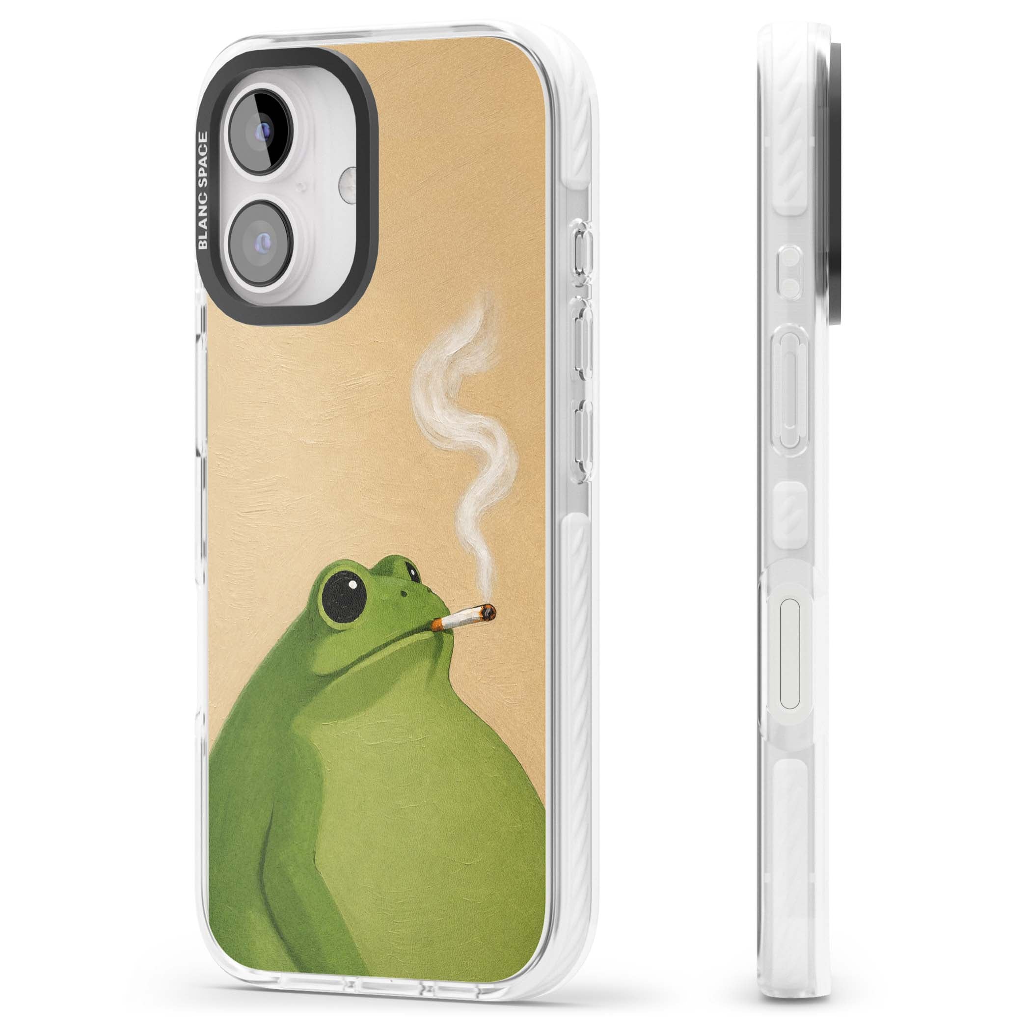 The Smoking Frog cottagecore iPhone case featuring a hand-painted green frog smoking a cigarette on a cream oil painting back | Clear Impact case for iPhone 16, iPhone 16 Plus