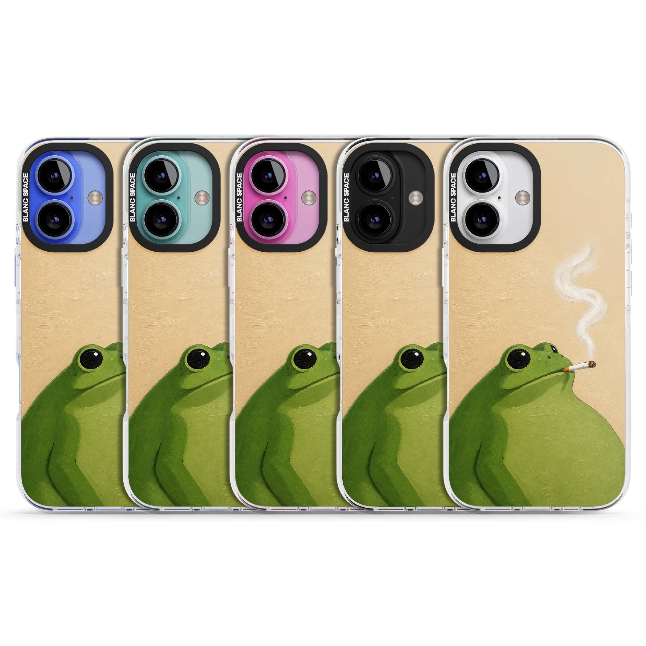 The Smoking Frog cottagecore iPhone case featuring a hand-painted green frog smoking a cigarette on a cream oil painting back | Clear Impact case for iPhone 16, iPhone 16 Plus