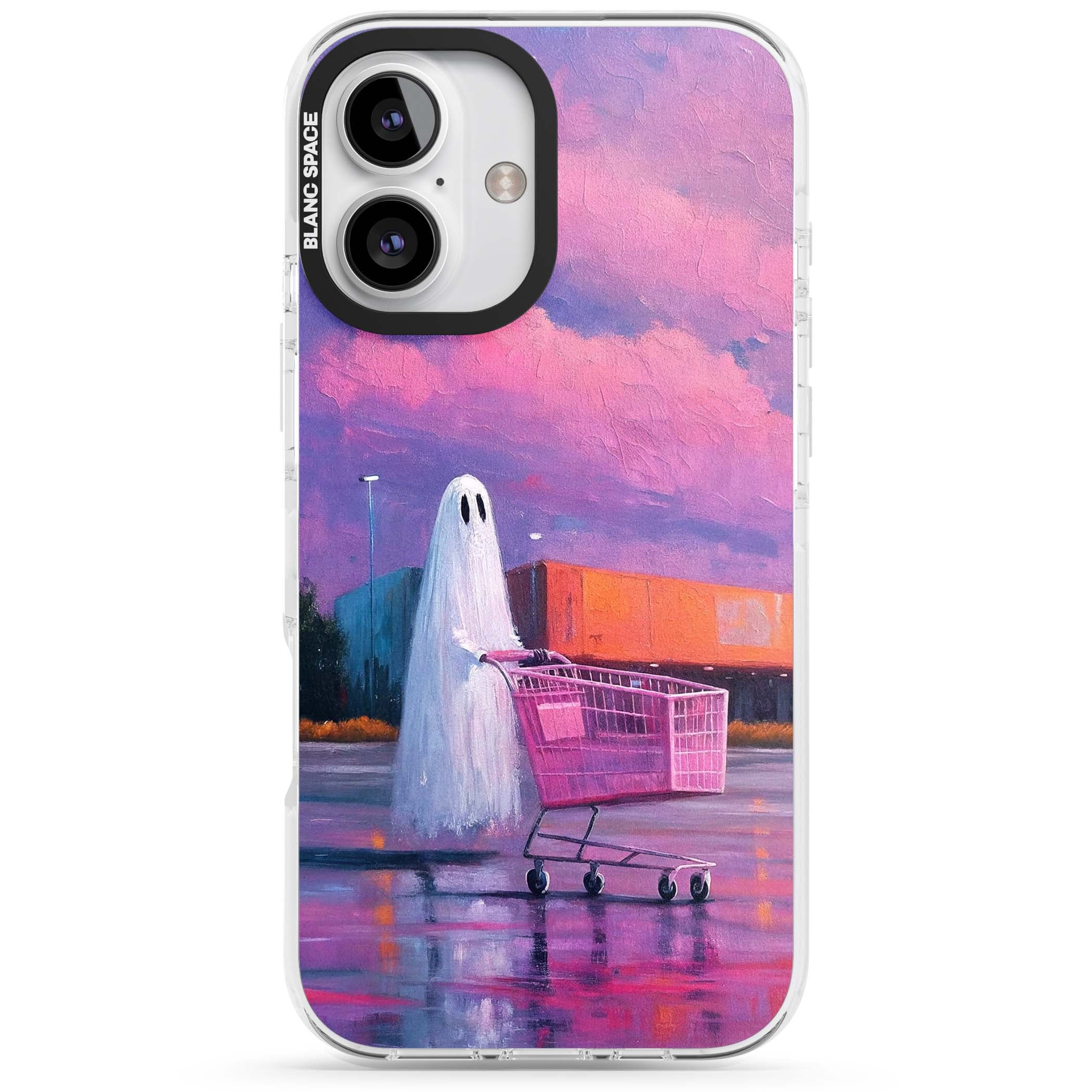 A Ghost's Errand ghost halloween iPhone case featuring a painted ghost, pink shopping trolley and purple sunset sky | Clear Impact case for iPhone 16, iPhone 16 Plus