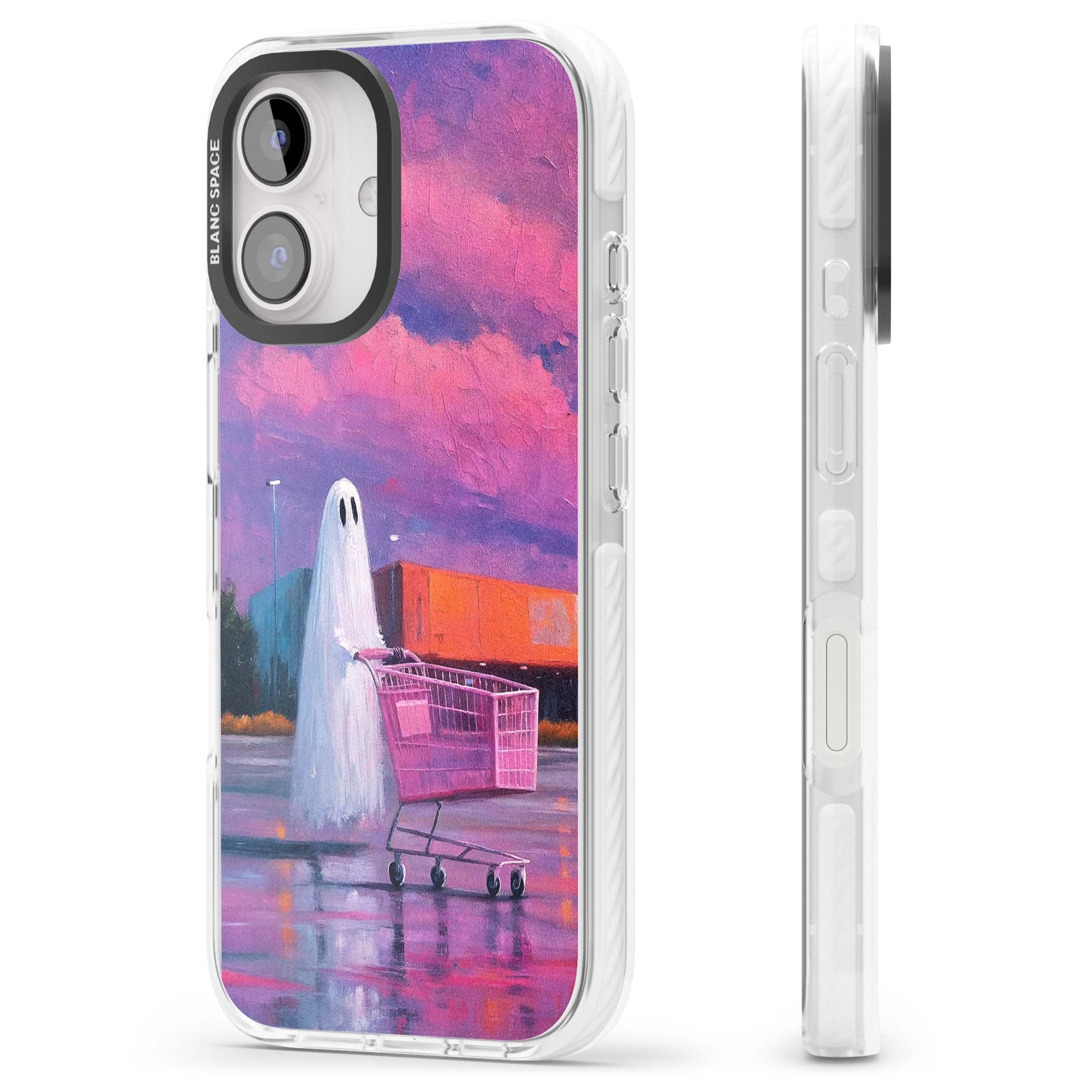 A Ghost's Errand ghost halloween iPhone case featuring a painted ghost, pink shopping trolley and purple sunset sky | Clear Impact case for iPhone 16, iPhone 16 Plus