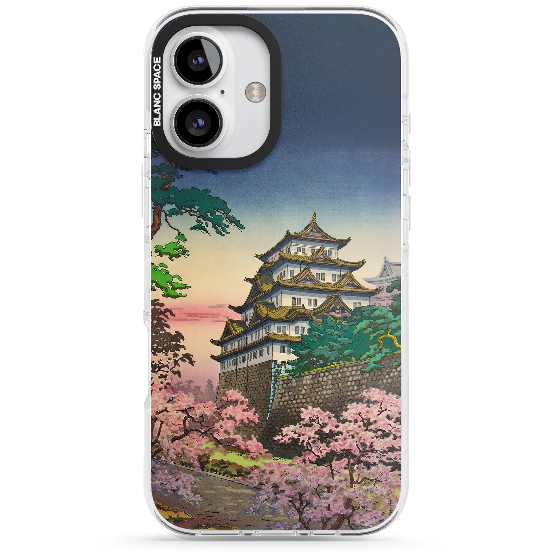 Nagoya Castle Japanese iPhone case featuring a vintage pagoda, twilight sky and cherry blossom trees | Clear Impact case for iPhone 16, iPhone 16 Plus