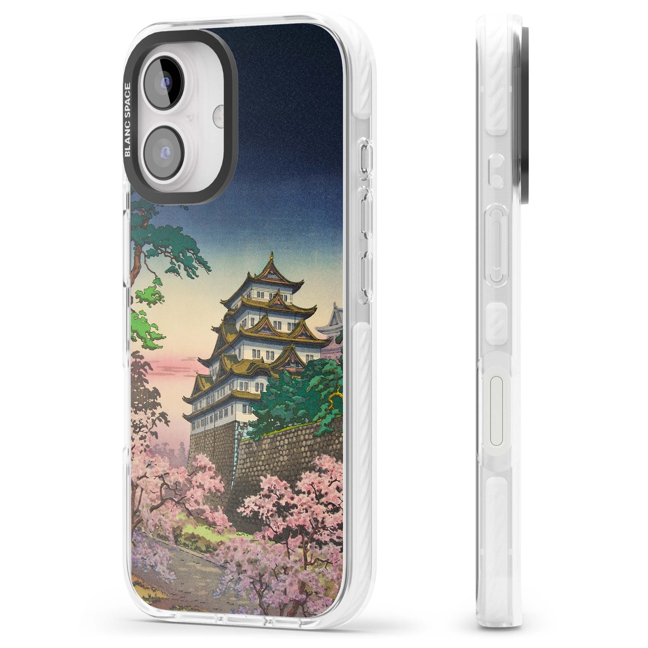 Nagoya Castle Japanese iPhone case featuring a vintage pagoda, twilight sky and cherry blossom trees | Clear Impact case for iPhone 16, iPhone 16 Plus