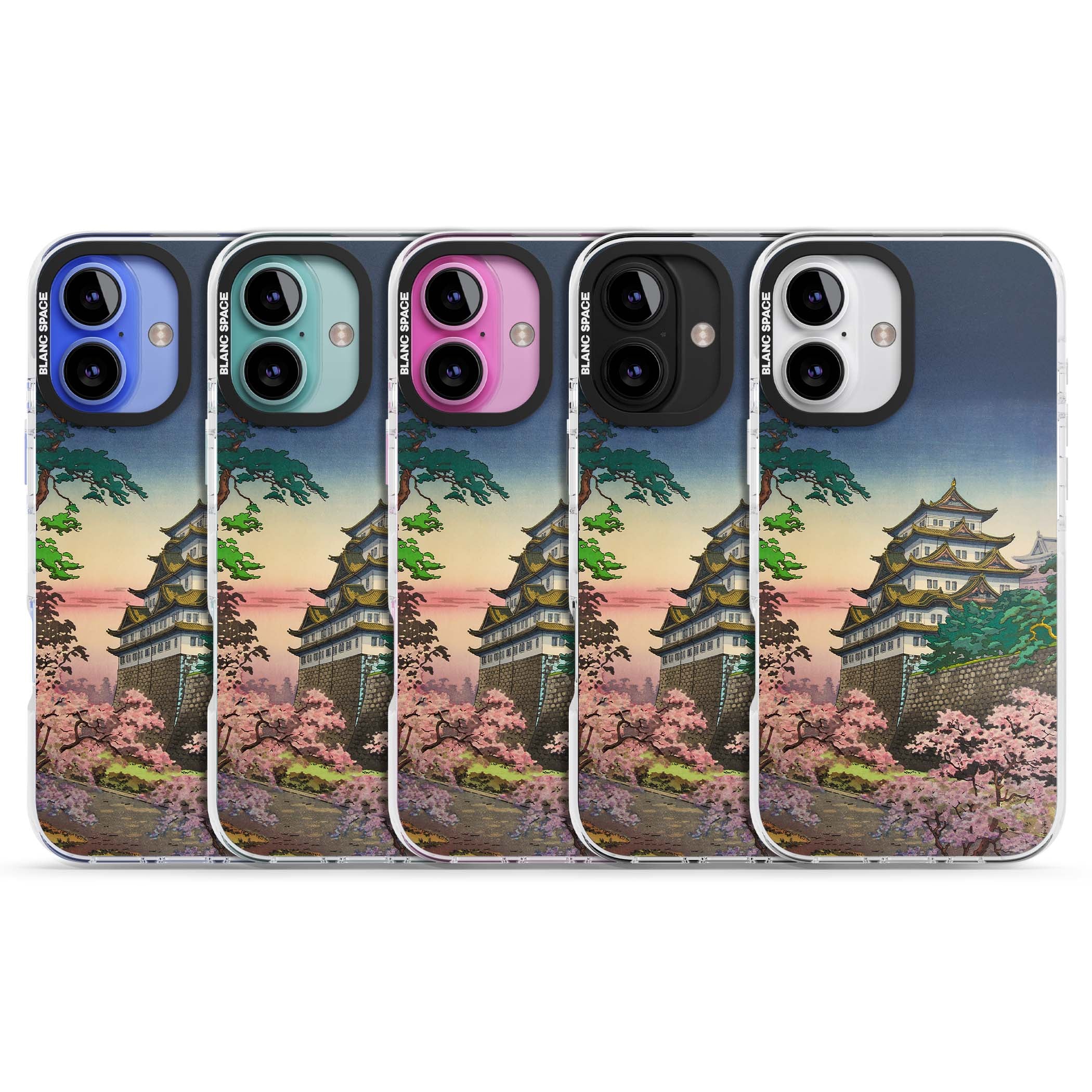 Nagoya Castle Japanese iPhone case featuring a vintage pagoda, twilight sky and cherry blossom trees | Clear Impact case for iPhone 16, iPhone 16 Plus
