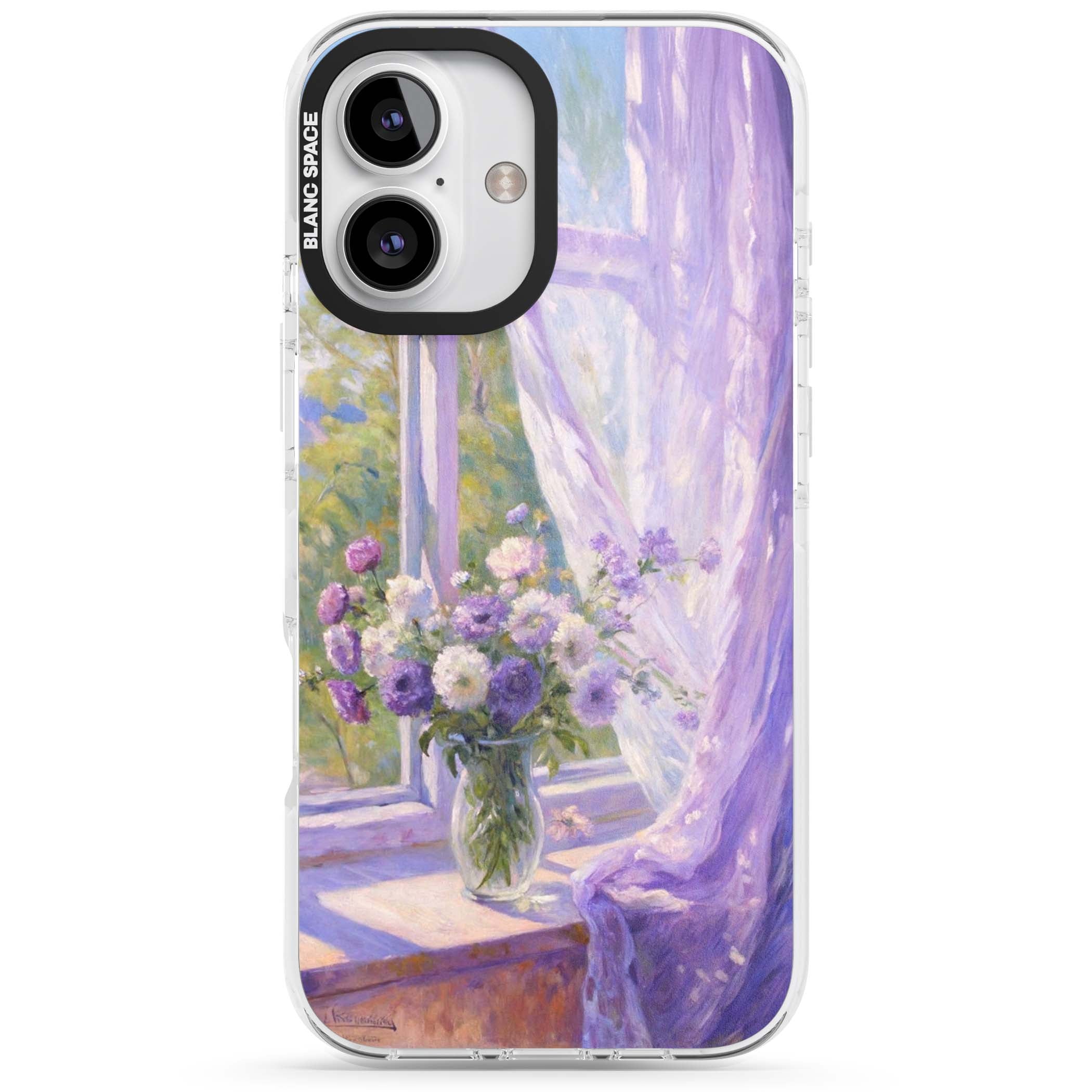 A Provence Morning impressionist art iPhone case featuring a vase of purple flowers, sunlit window and sheer curt | Clear Impact case for iPhone 16, iPhone 16 Plus