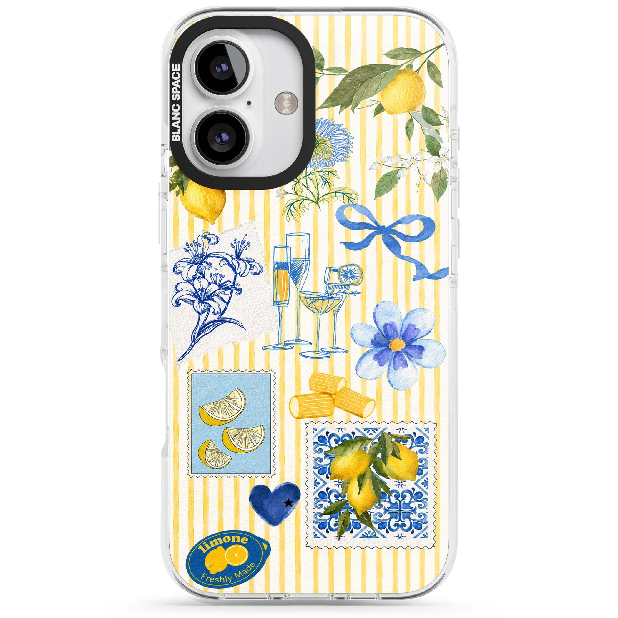 Limone Riviera Italian summer iPhone case featuring watercolour lemons, blue ribbon bows and majolica tile stamps on... | Clear Impact case for iPhone 16, iPhone 16 Plus