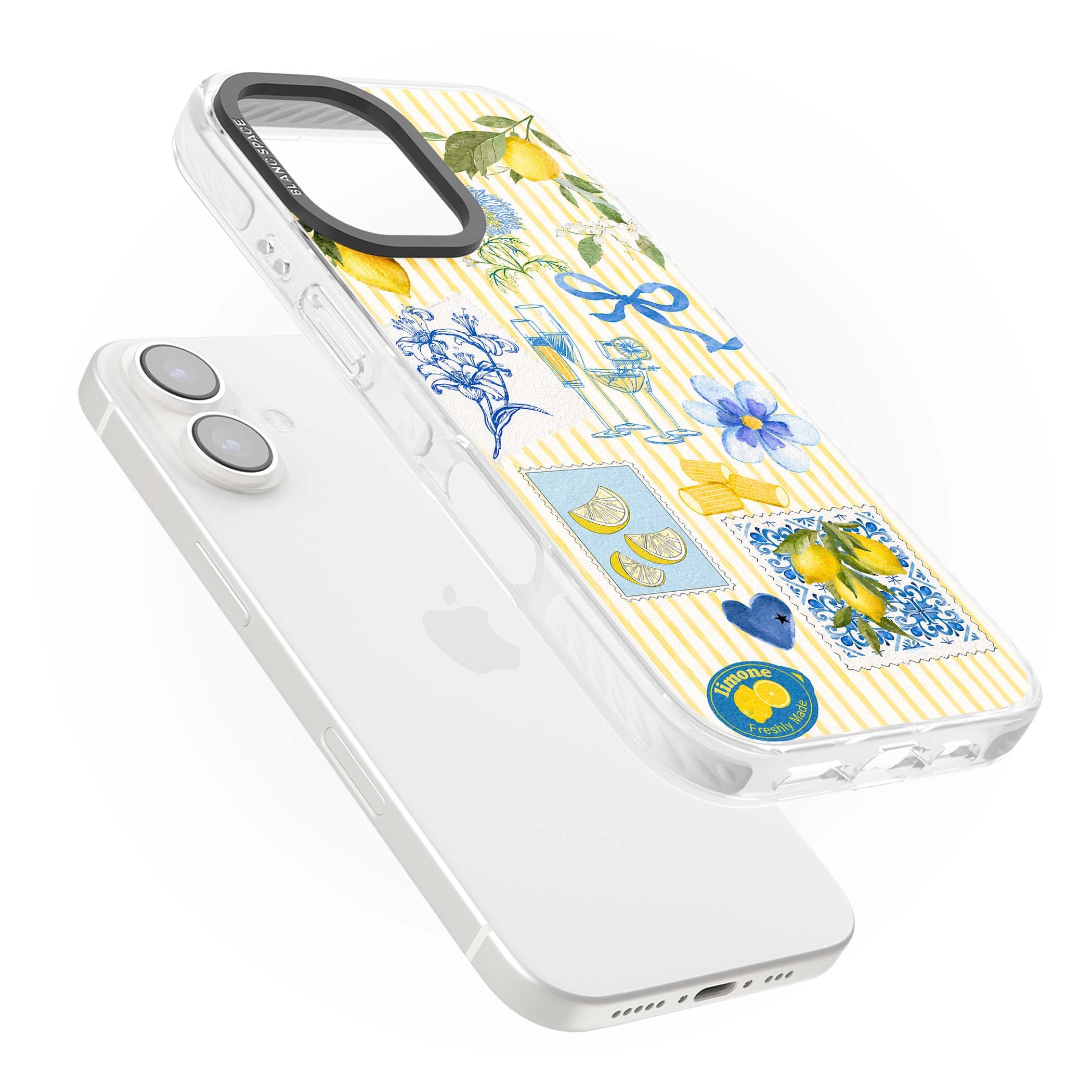 Limone Riviera Italian summer iPhone case featuring watercolour lemons, blue ribbon bows and majolica tile stamps on... | Clear Impact case for iPhone 16, iPhone 16 Plus