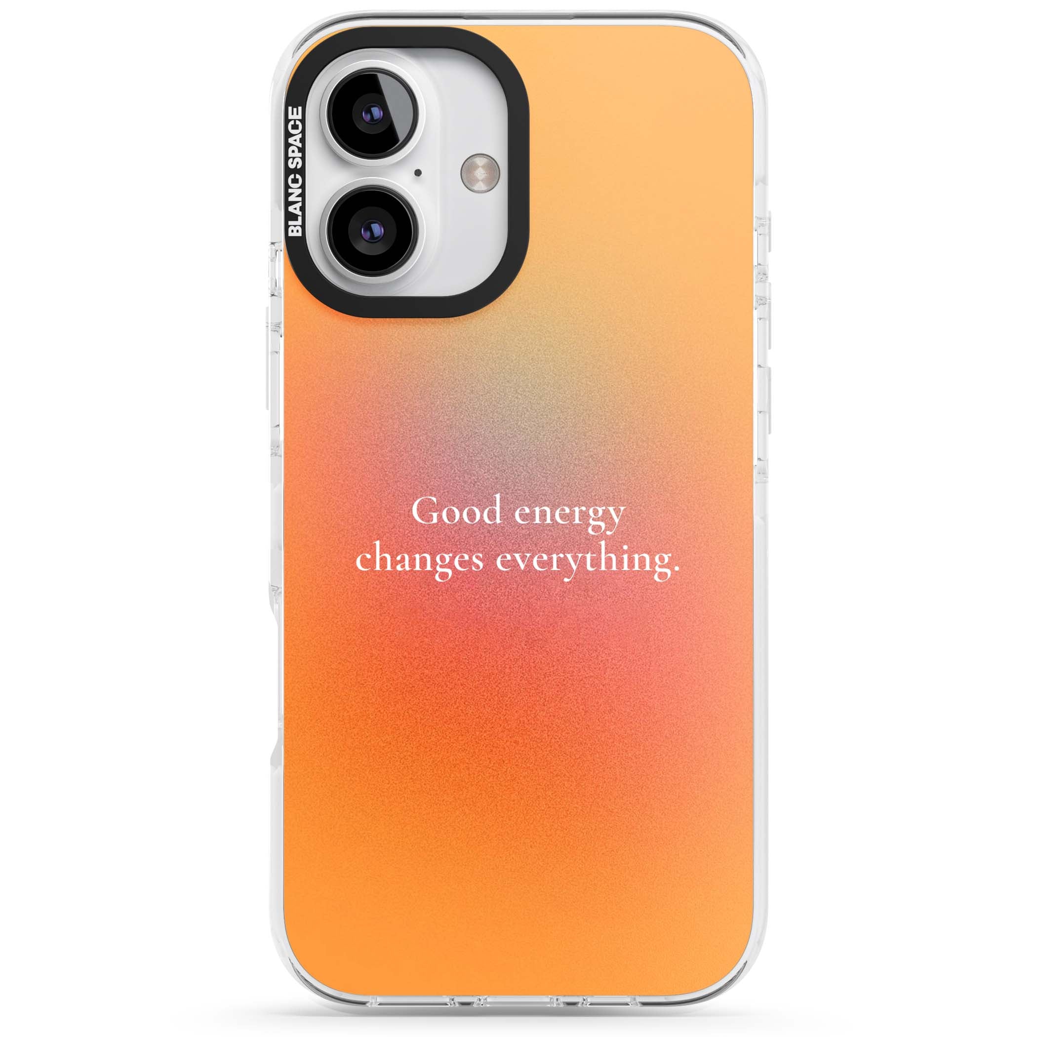 Good Energy quote iPhone case featuring an orange and pink aura gradient with white serif affirmation text | Impact Magsafe case for iPhone 16, iPhone 16 Plus