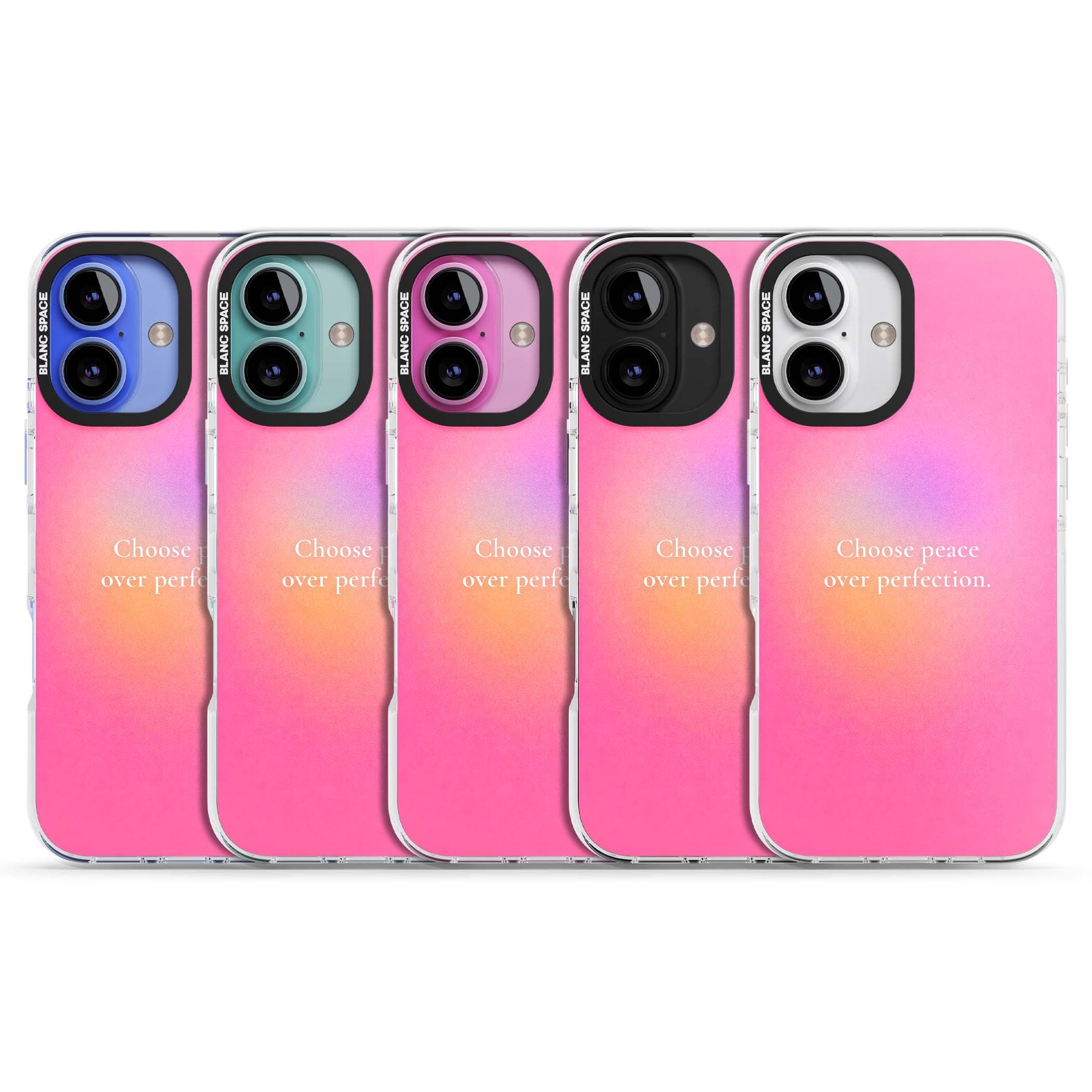 Peace Over Perfection quote iPhone case featuring a dreamy pink aura gradient and delicate white affirmation text | Impact Magsafe case for iPhone 16, iPhone 16 Plus
