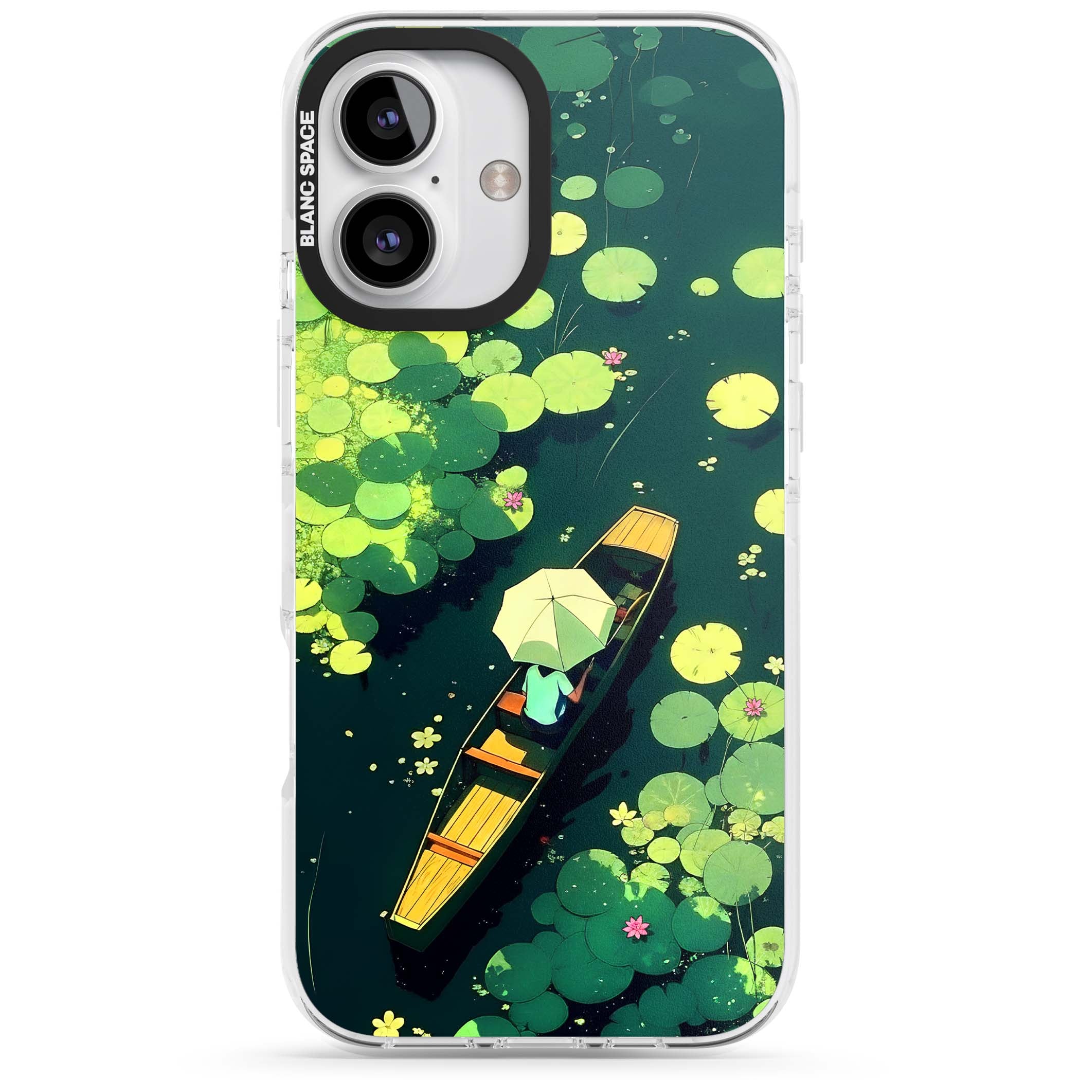 Jade Waters cottagecore iPhone case featuring a painted lily pond, wooden boat with parasol and floating water lilies | Impact Magsafe case for iPhone 16, iPhone 16 Plus