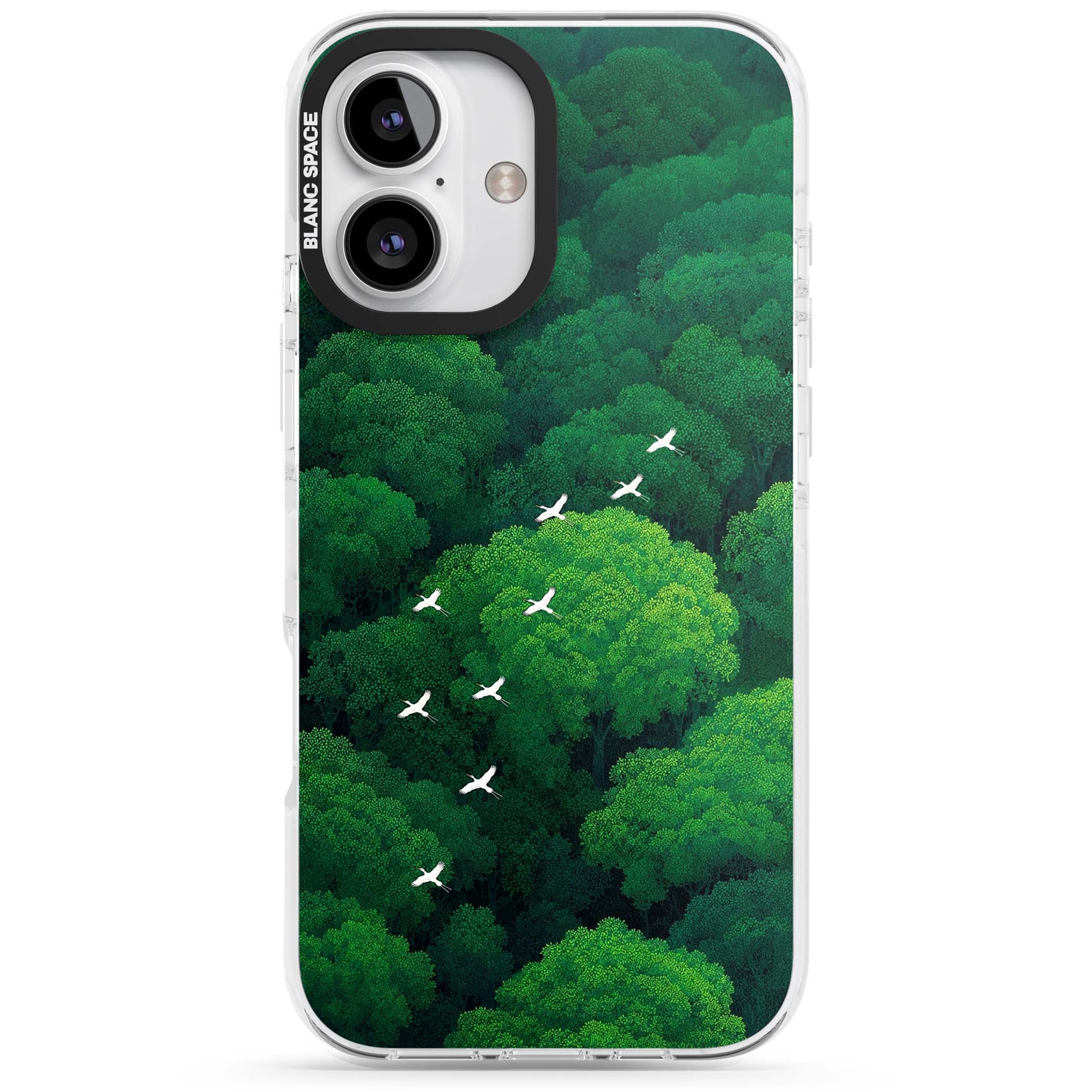 Grove Migration forest iPhone case featuring white cranes flying over lush green treetop canopy | Impact Magsafe case for iPhone 16, iPhone 16 Plus