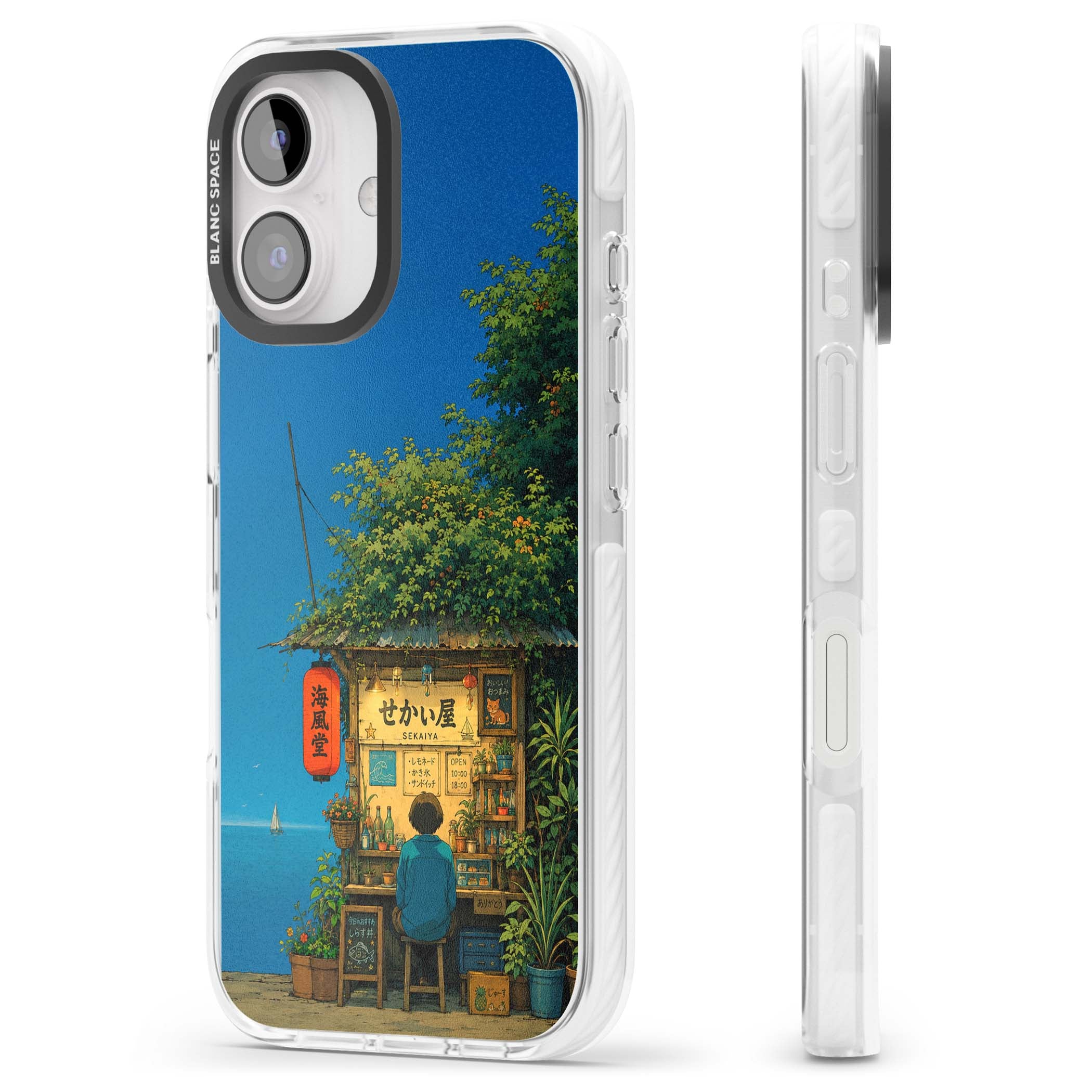 The Shirahama Kiosk anime iPhone case featuring a Japanese seaside shop, red paper lantern and ocean view | Impact Magsafe case for iPhone 16, iPhone 16 Plus