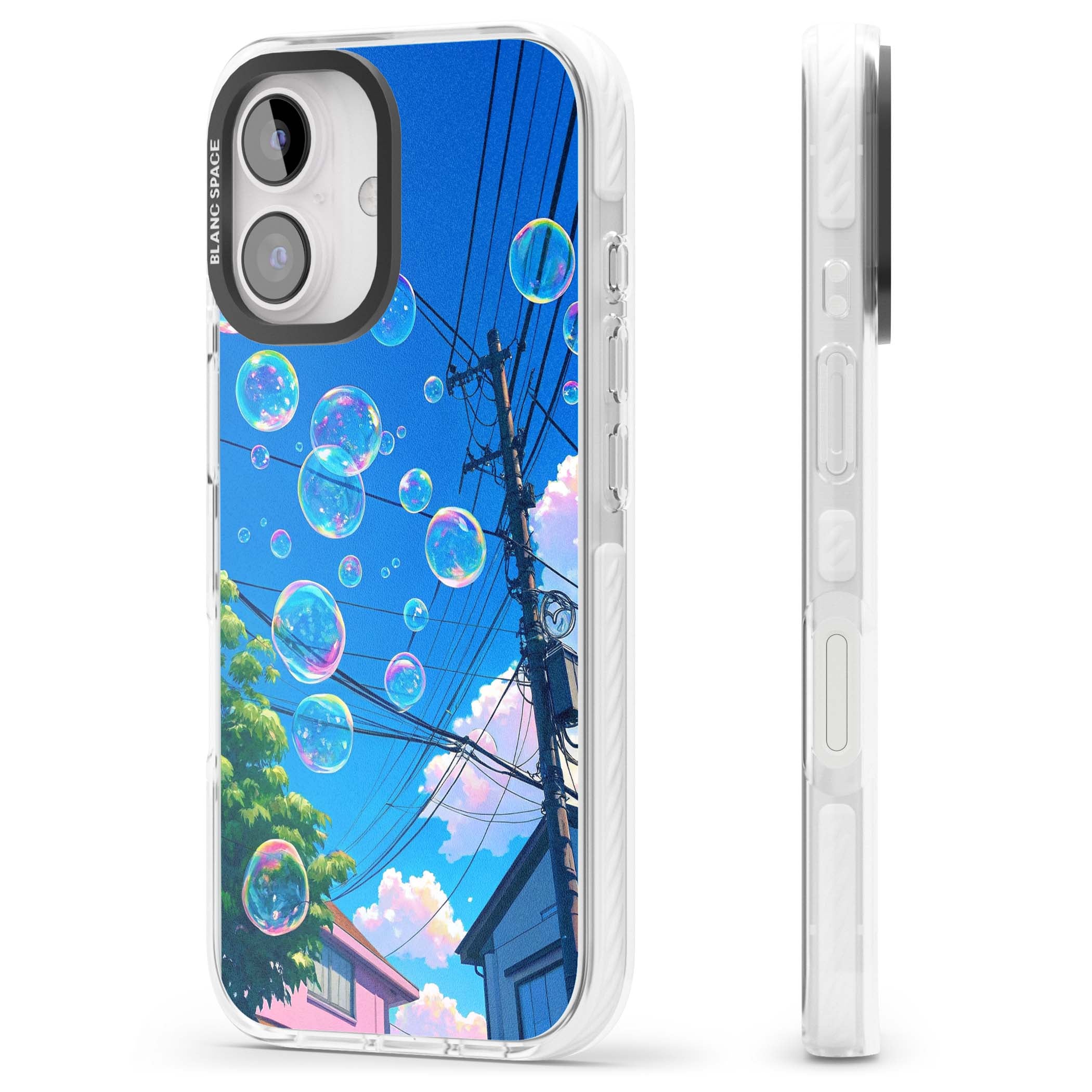 Suburban Bubbles anime iPhone case featuring iridescent soap bubbles, blue sky and Japanese telephone wires | Impact Magsafe case for iPhone 16, iPhone 16 Plus
