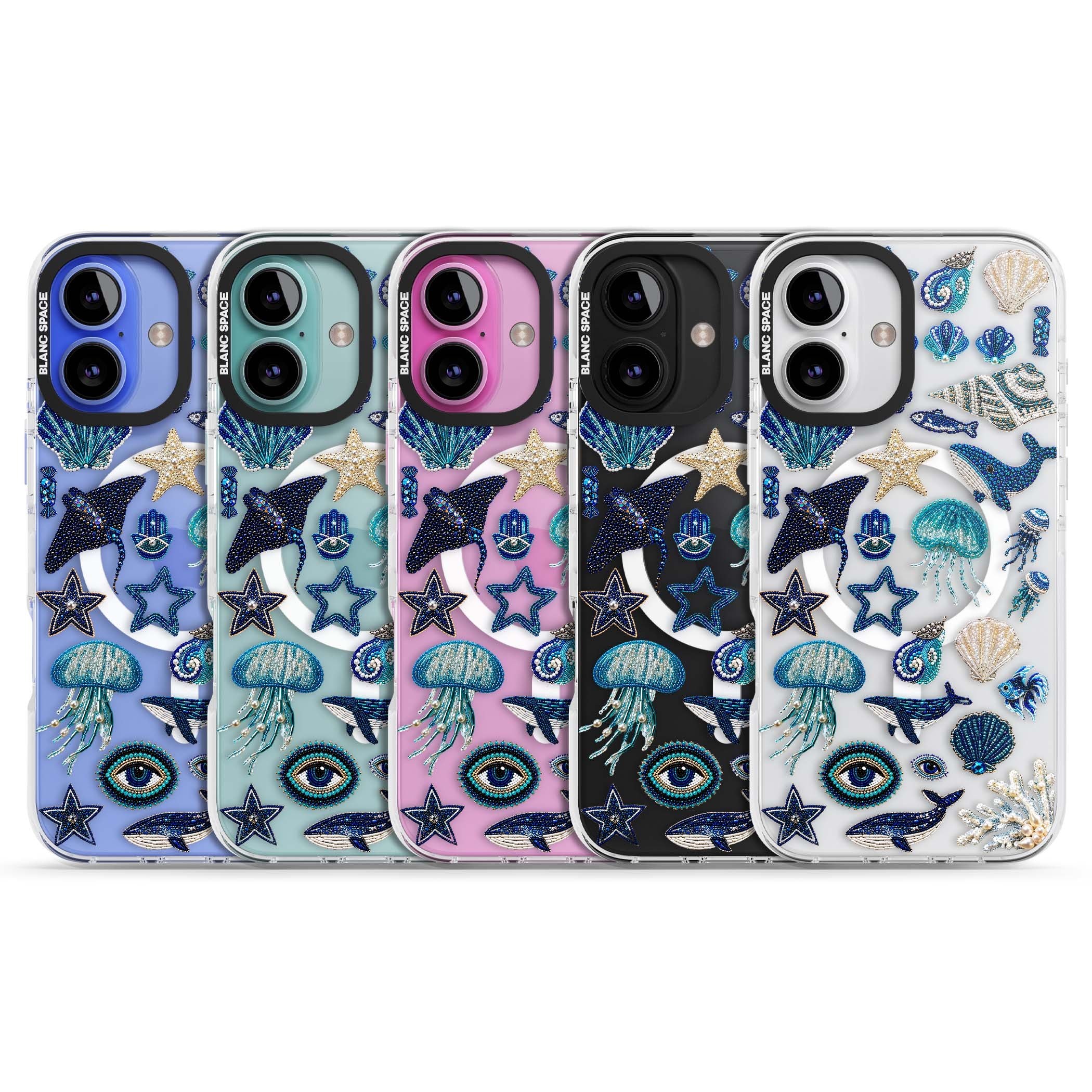 Beaded Coastal coastal iPhone case featuring embroidered seashells, jellyfish and a blue whale on clear | Impact Magsafe case for iPhone 16, iPhone 16 Plus