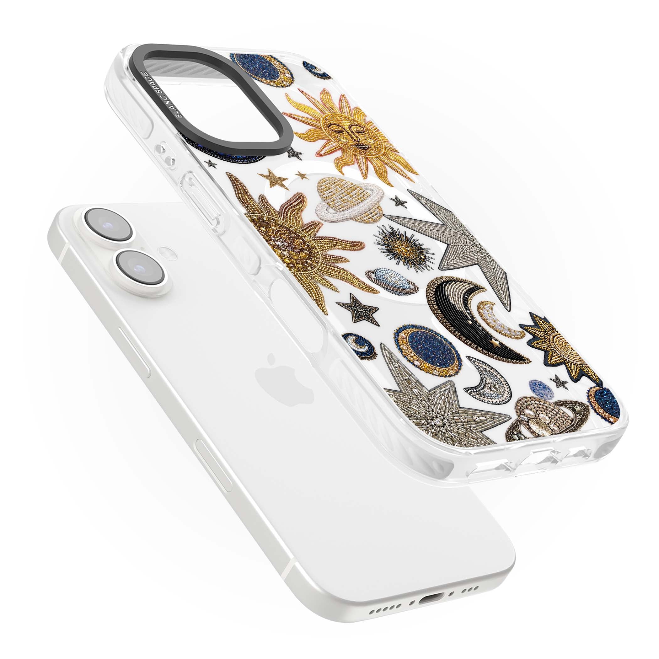 Beaded Cosmos celestial iPhone case featuring embroidered golden suns, beaded planets and silver shooting stars | Impact Magsafe case for iPhone 16, iPhone 16 Plus