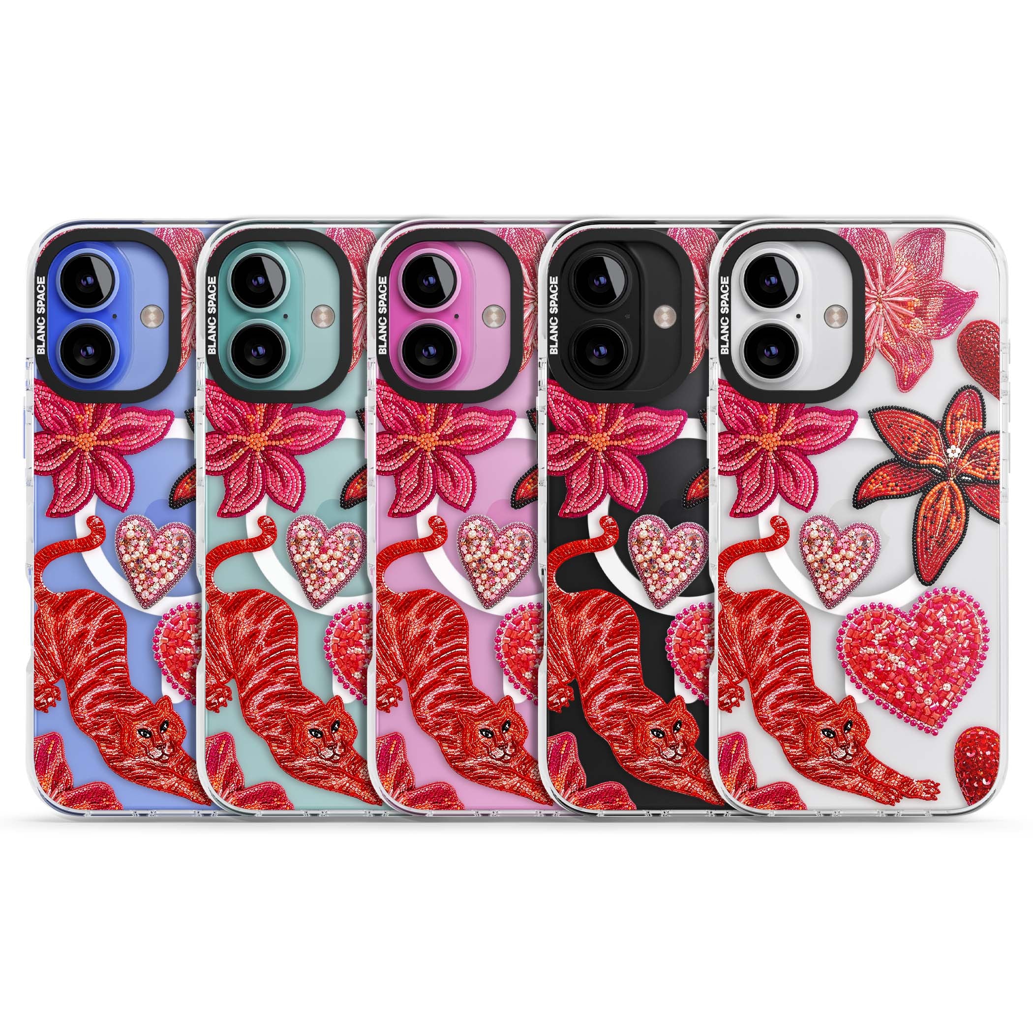 Beaded Boho floral iPhone case featuring beaded red lilies, a stitched tiger, and pearl-encrusted hearts on clear | Impact Magsafe case for iPhone 16, iPhone 16 Plus