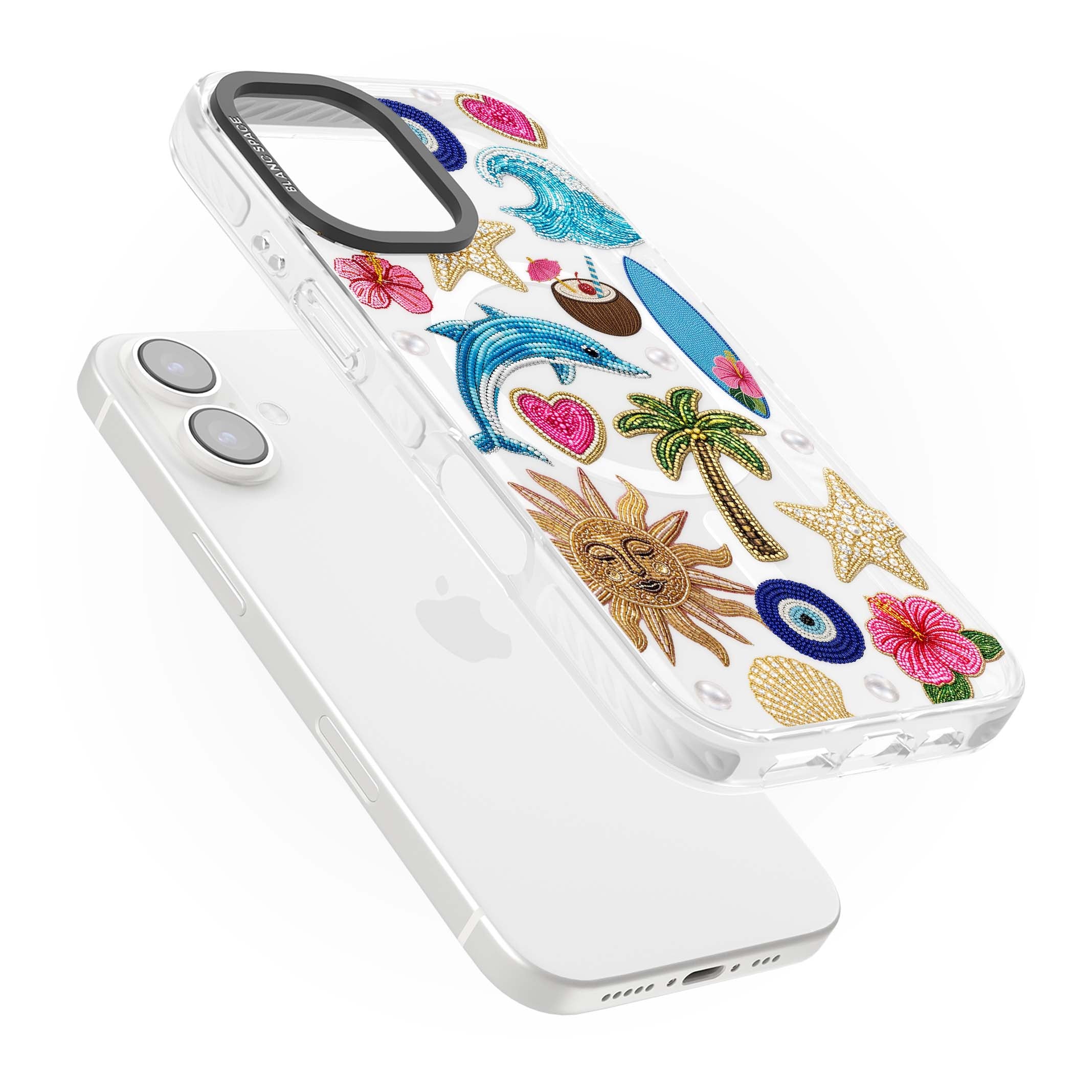 Beaded Beach coastal summer iPhone case featuring embroidered evil eye, hibiscus flowers, dolphin and palm tree patches | Impact Magsafe case for iPhone 16, iPhone 16 Plus