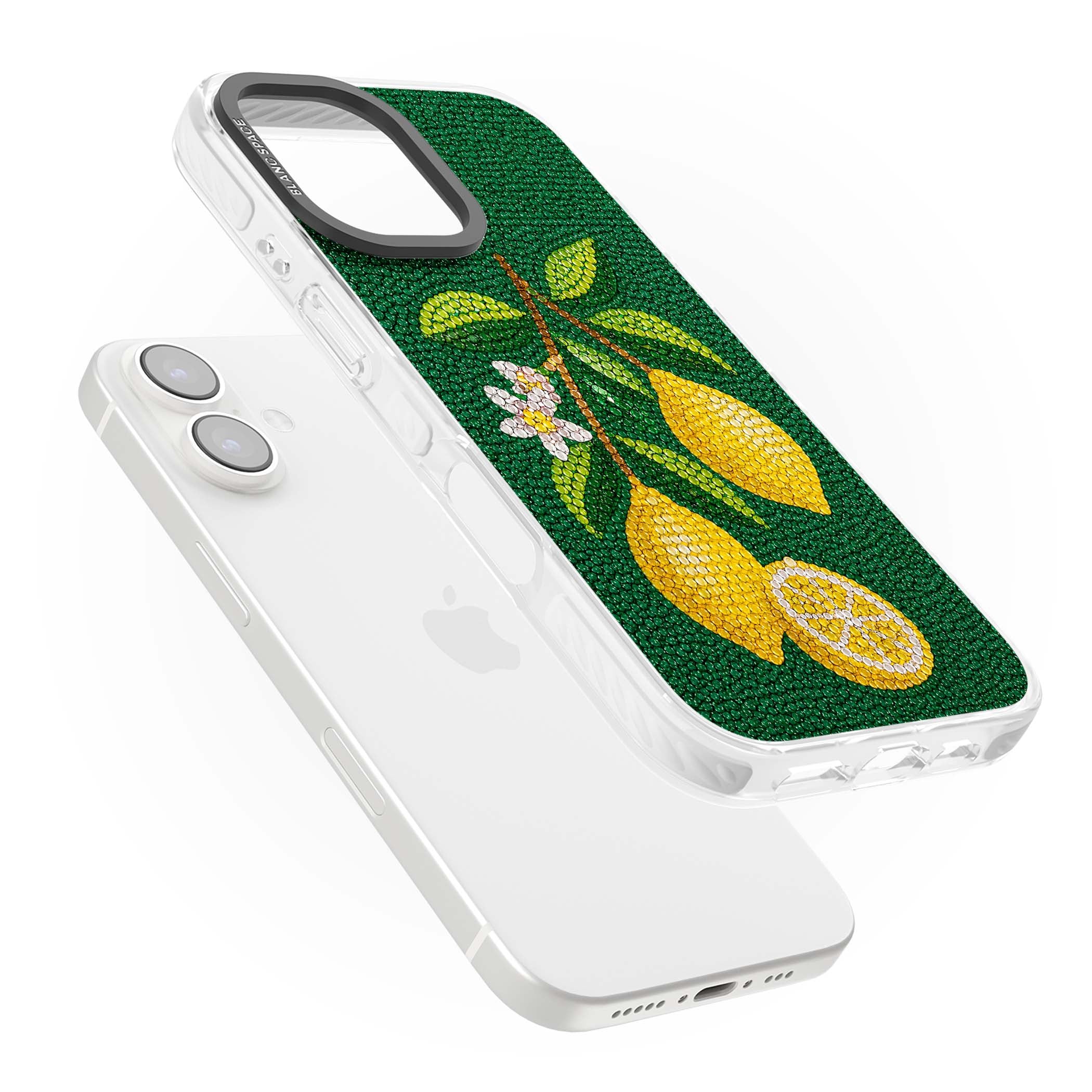 Beaded Lemons coastal iPhone case featuring crystal-beaded lemons, citrus blossom and green leaves on emerald ground | Impact Magsafe case for iPhone 16, iPhone 16 Plus