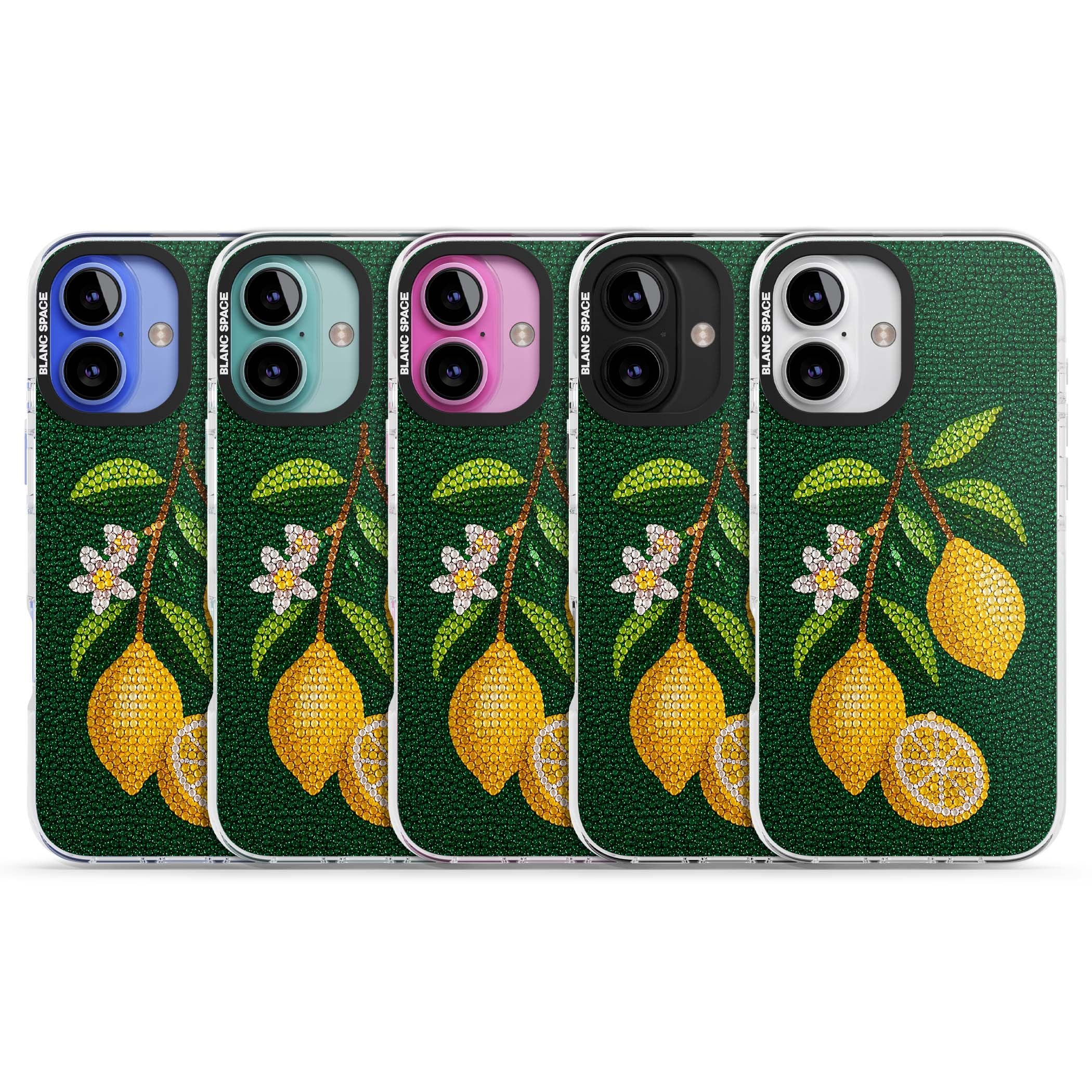 Beaded Lemons coastal iPhone case featuring crystal-beaded lemons, citrus blossom and green leaves on emerald ground | Impact Magsafe case for iPhone 16, iPhone 16 Plus