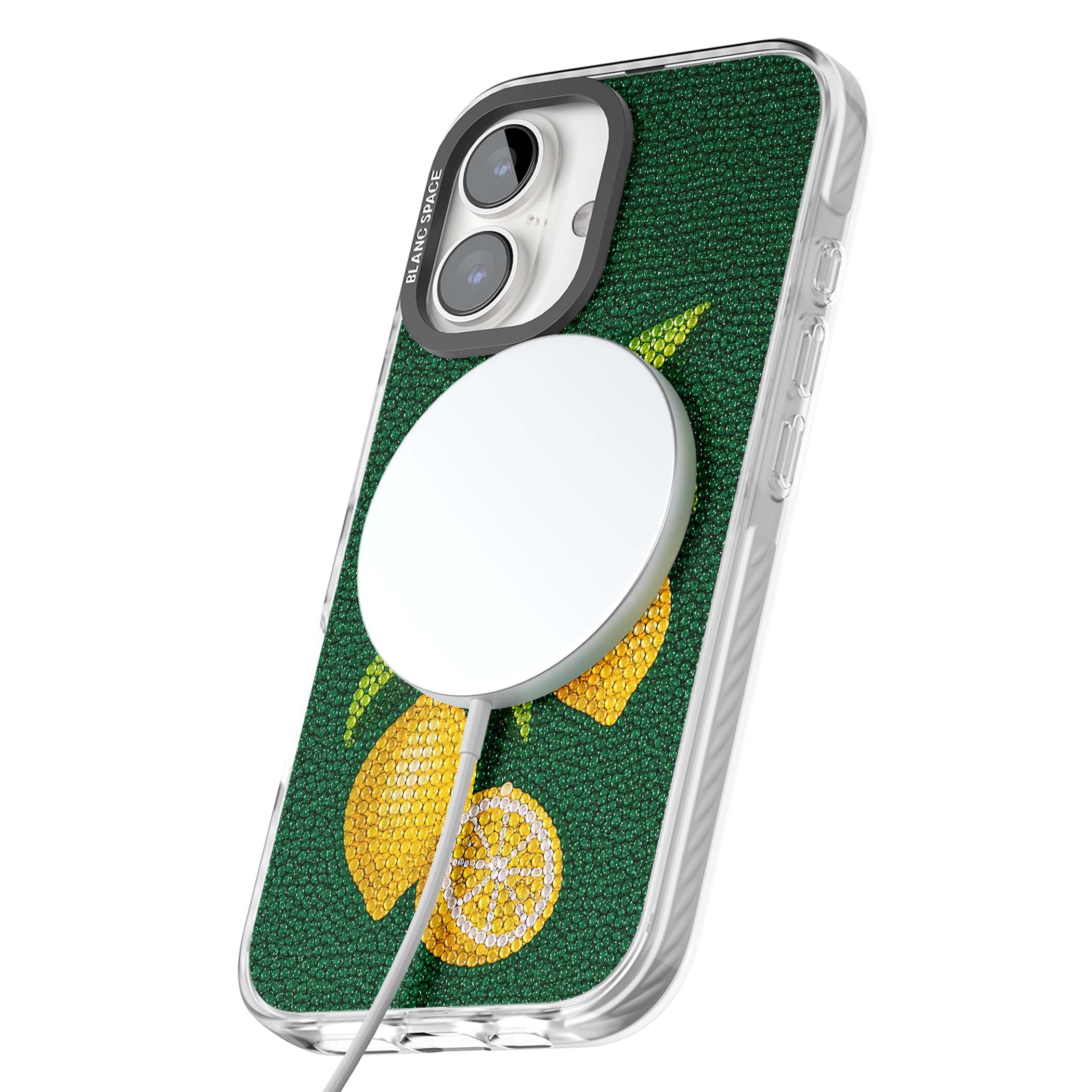 Beaded Lemons coastal iPhone case featuring crystal-beaded lemons, citrus blossom and green leaves on emerald ground | Impact Magsafe case for iPhone 16, iPhone 16 Plus