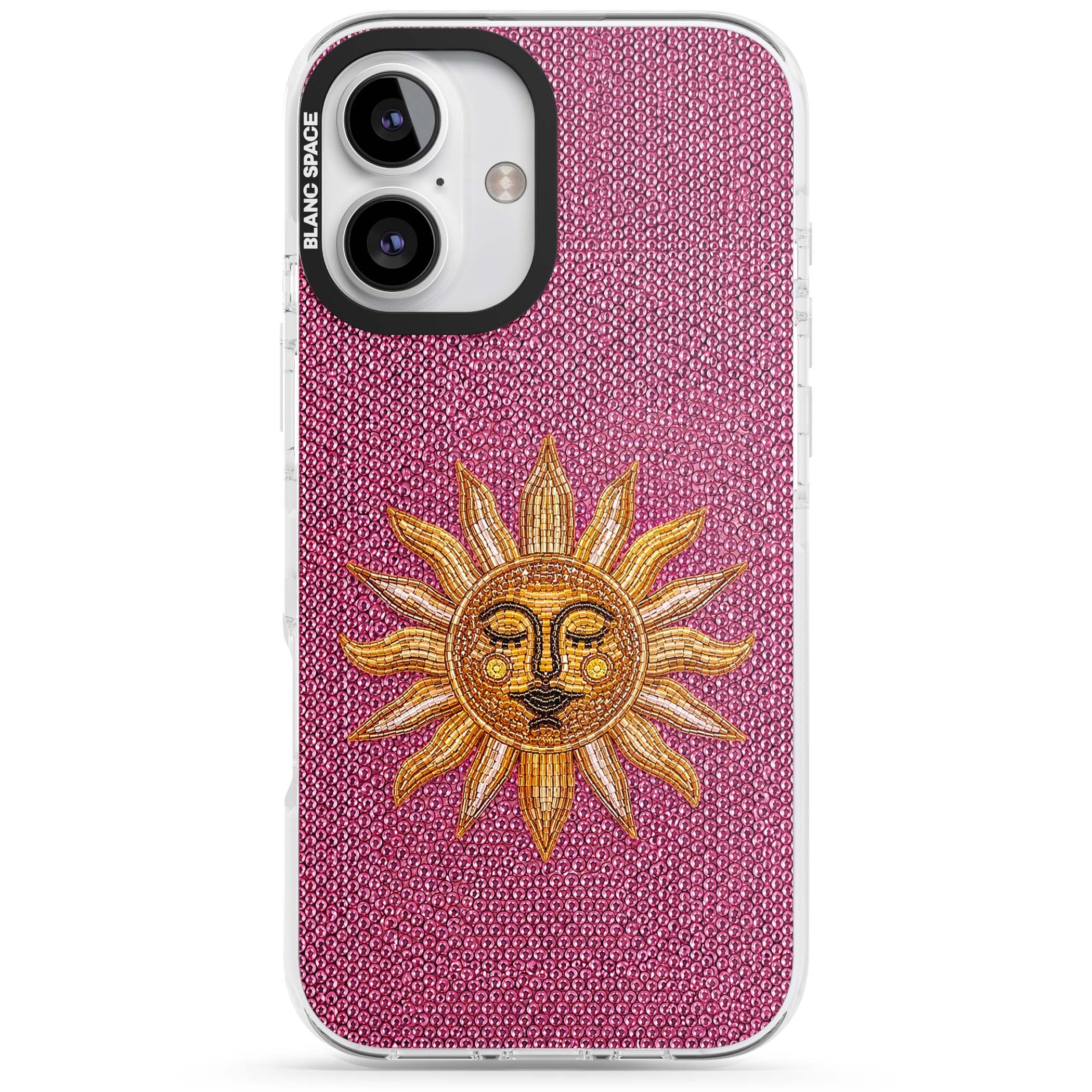 Beaded Sun celestial iPhone case featuring a golden beaded sun face with radiant rays on hot pink beaded background | Impact Magsafe case for iPhone 16, iPhone 16 Plus