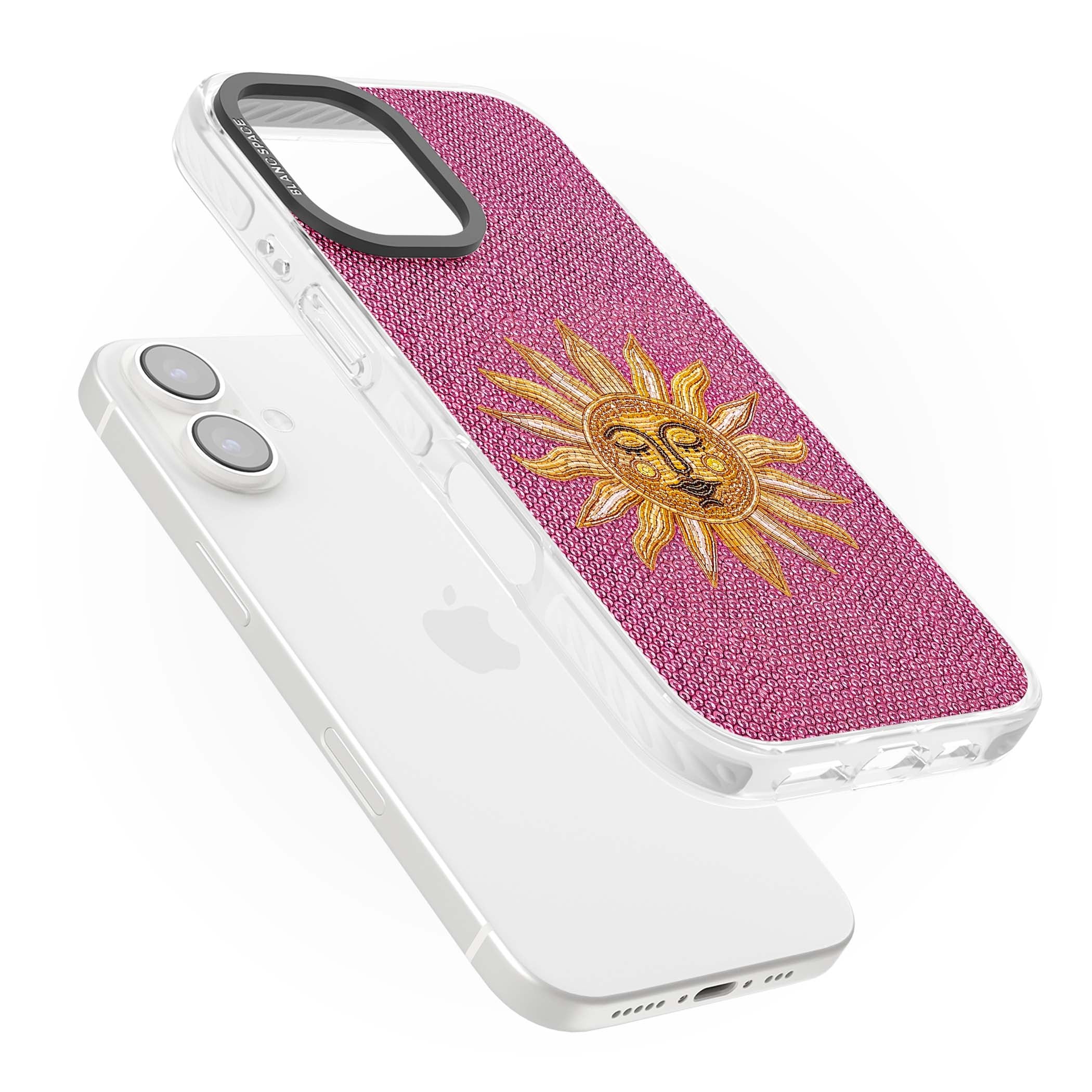 Beaded Sun celestial iPhone case featuring a golden beaded sun face with radiant rays on hot pink beaded background | Impact Magsafe case for iPhone 16, iPhone 16 Plus