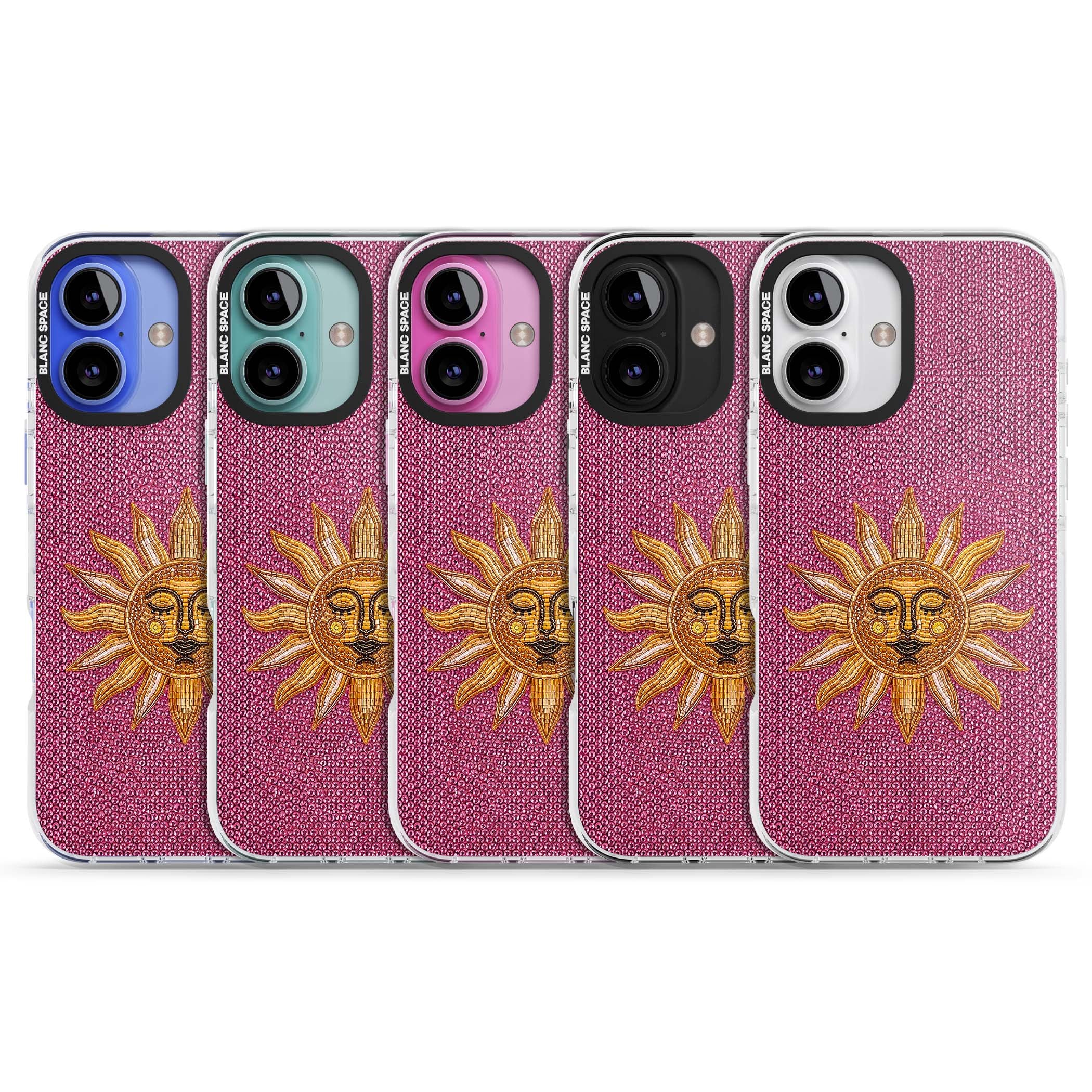 Beaded Sun celestial iPhone case featuring a golden beaded sun face with radiant rays on hot pink beaded background | Impact Magsafe case for iPhone 16, iPhone 16 Plus