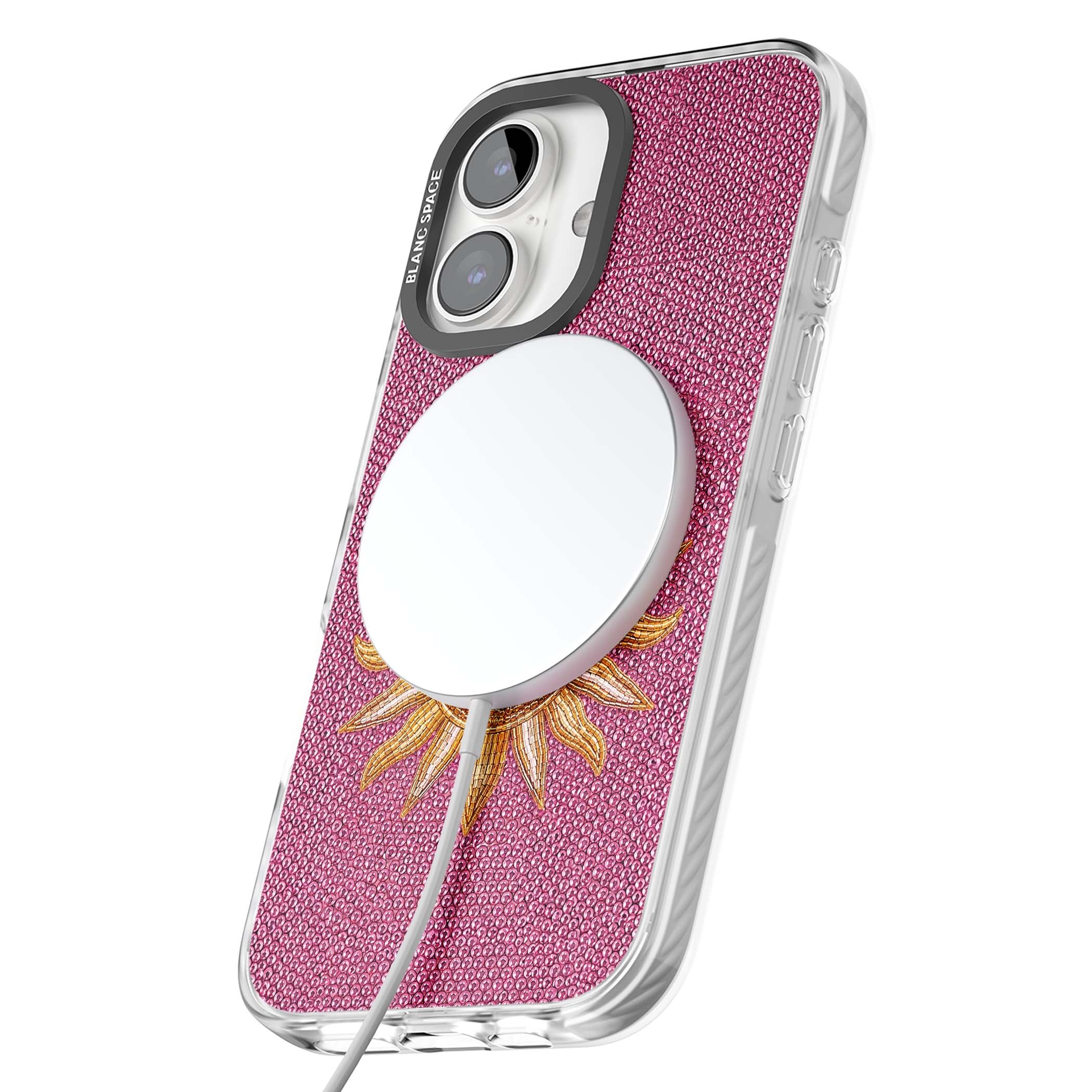 Beaded Sun celestial iPhone case featuring a golden beaded sun face with radiant rays on hot pink beaded background | Impact Magsafe case for iPhone 16, iPhone 16 Plus