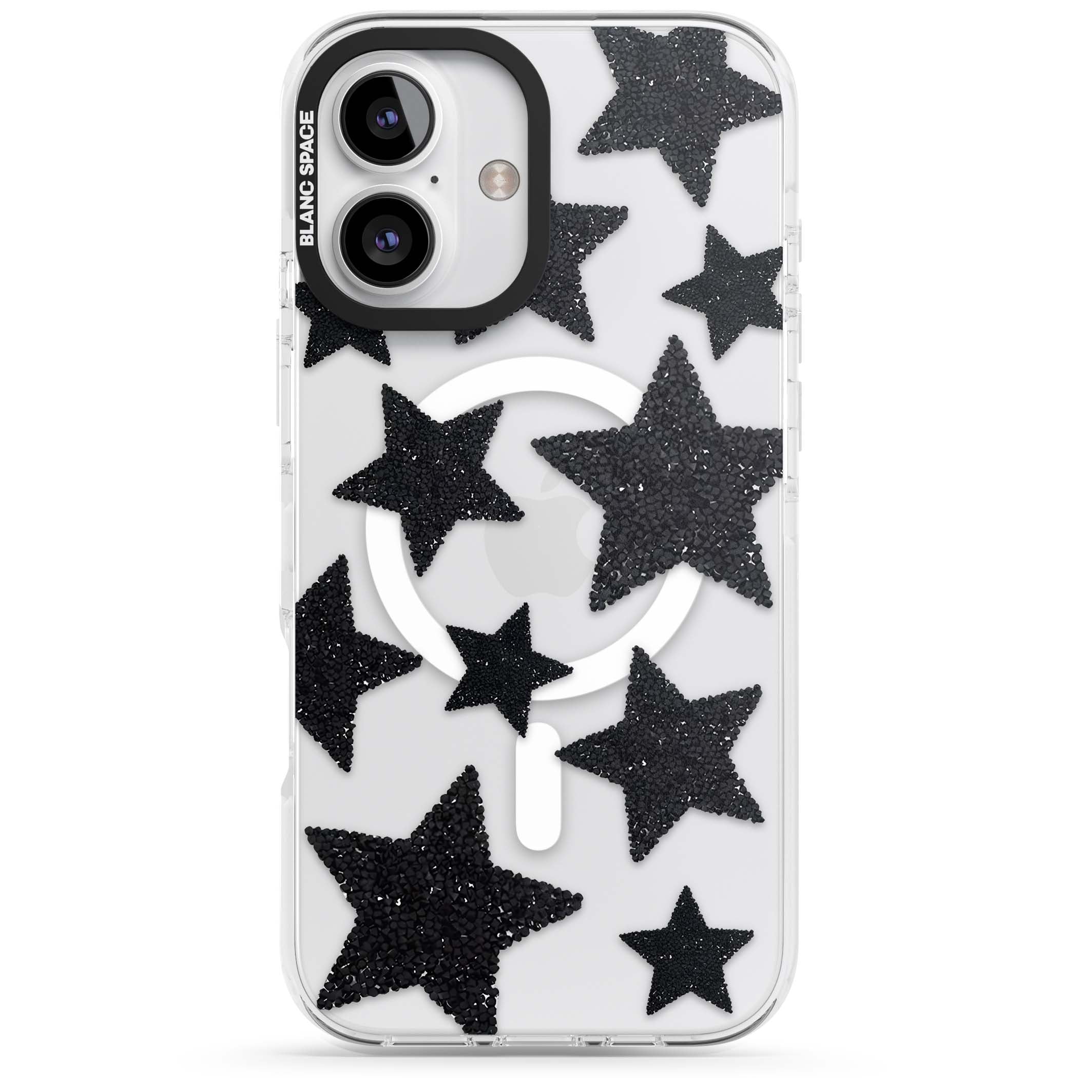 Beaded Black Stars celestial iPhone case featuring black glitter beaded stars scattered on a clear background | Impact Magsafe case for iPhone 16, iPhone 16 Plus