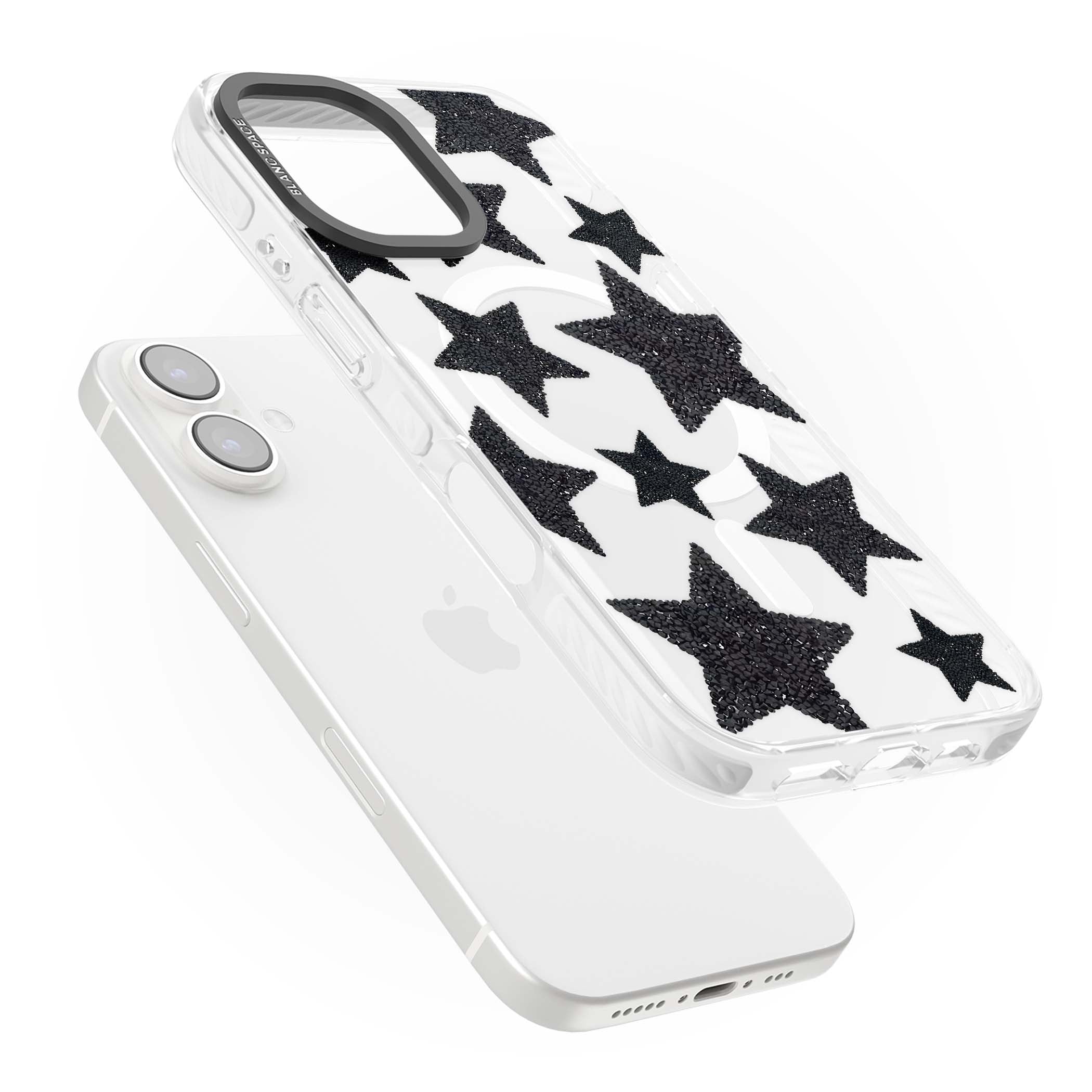 Beaded Black Stars celestial iPhone case featuring black glitter beaded stars scattered on a clear background | Impact Magsafe case for iPhone 16, iPhone 16 Plus