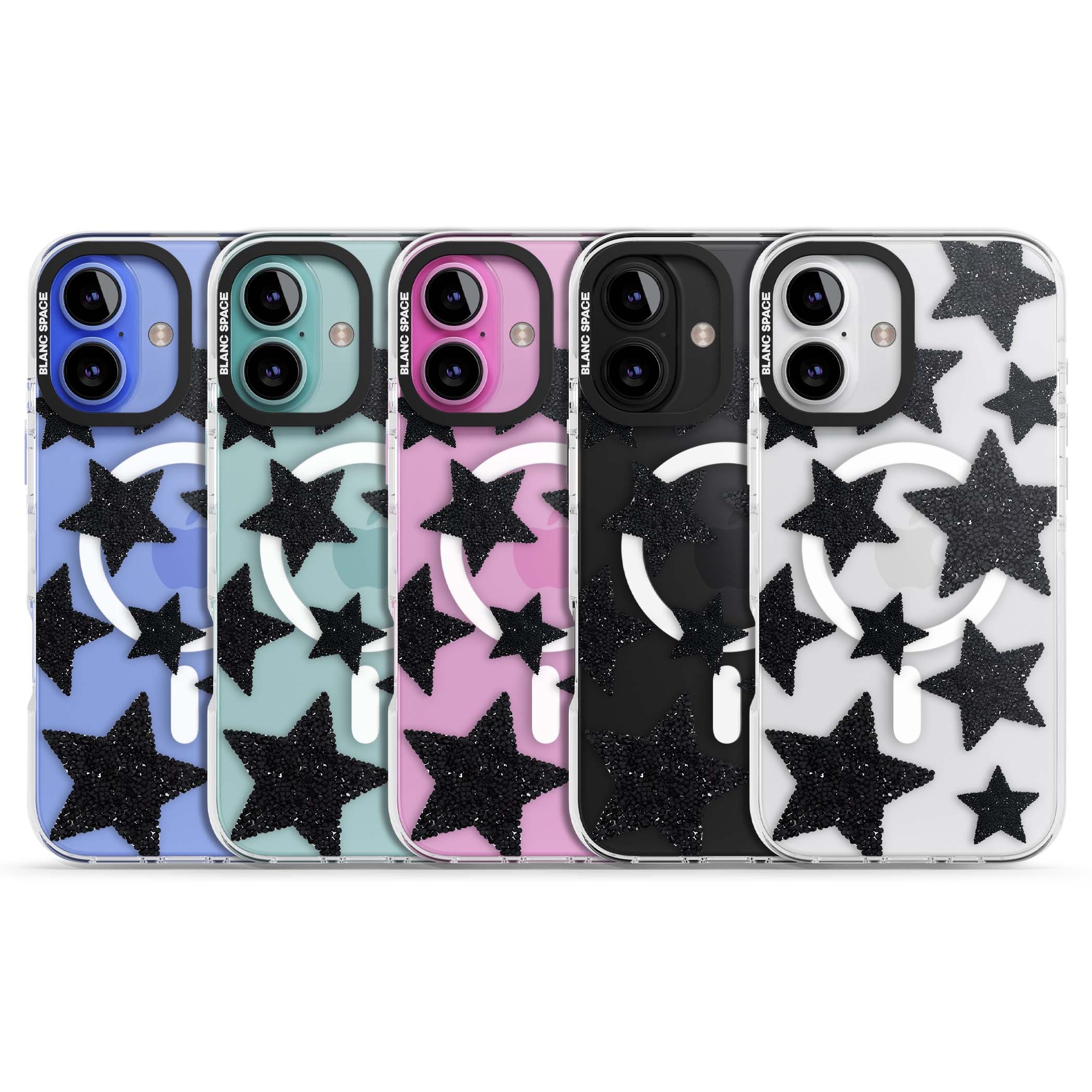 Beaded Black Stars celestial iPhone case featuring black glitter beaded stars scattered on a clear background | Impact Magsafe case for iPhone 16, iPhone 16 Plus