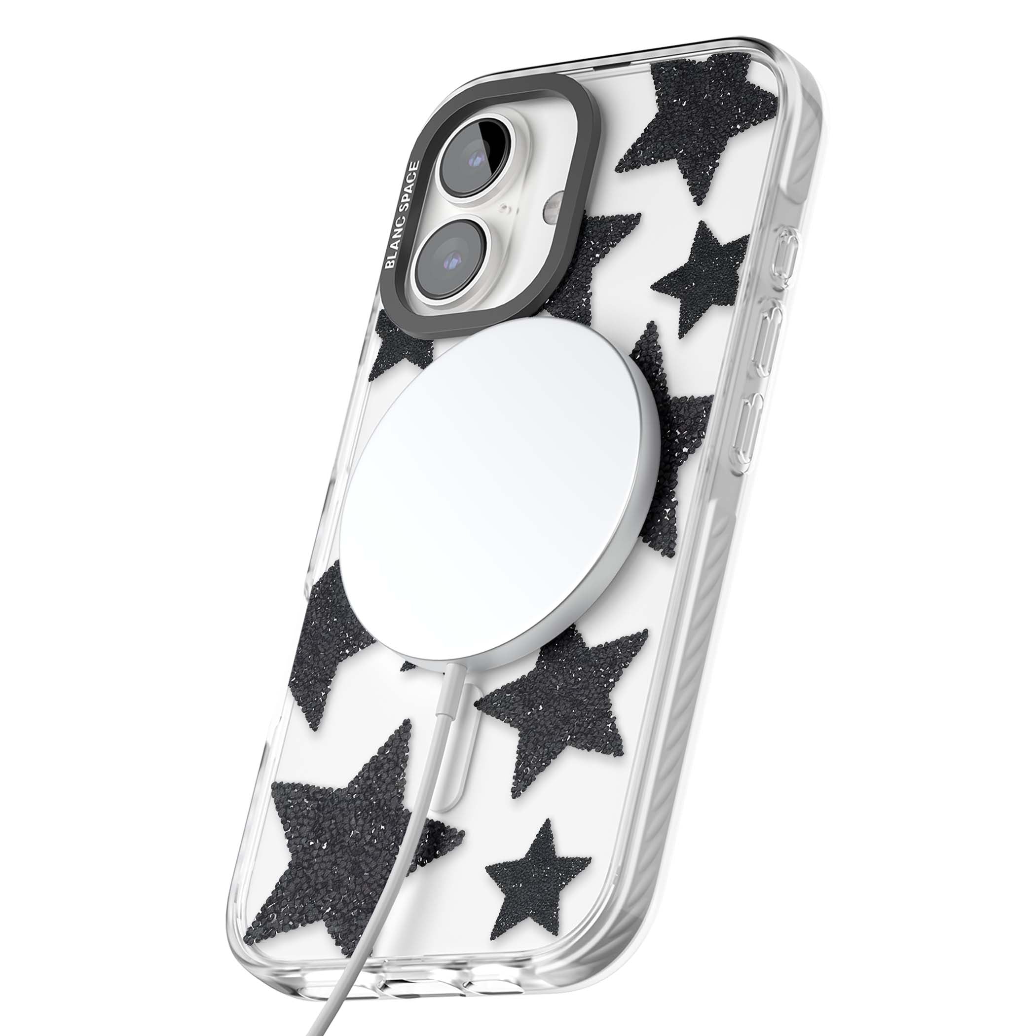 Beaded Black Stars celestial iPhone case featuring black glitter beaded stars scattered on a clear background | Impact Magsafe case for iPhone 16, iPhone 16 Plus