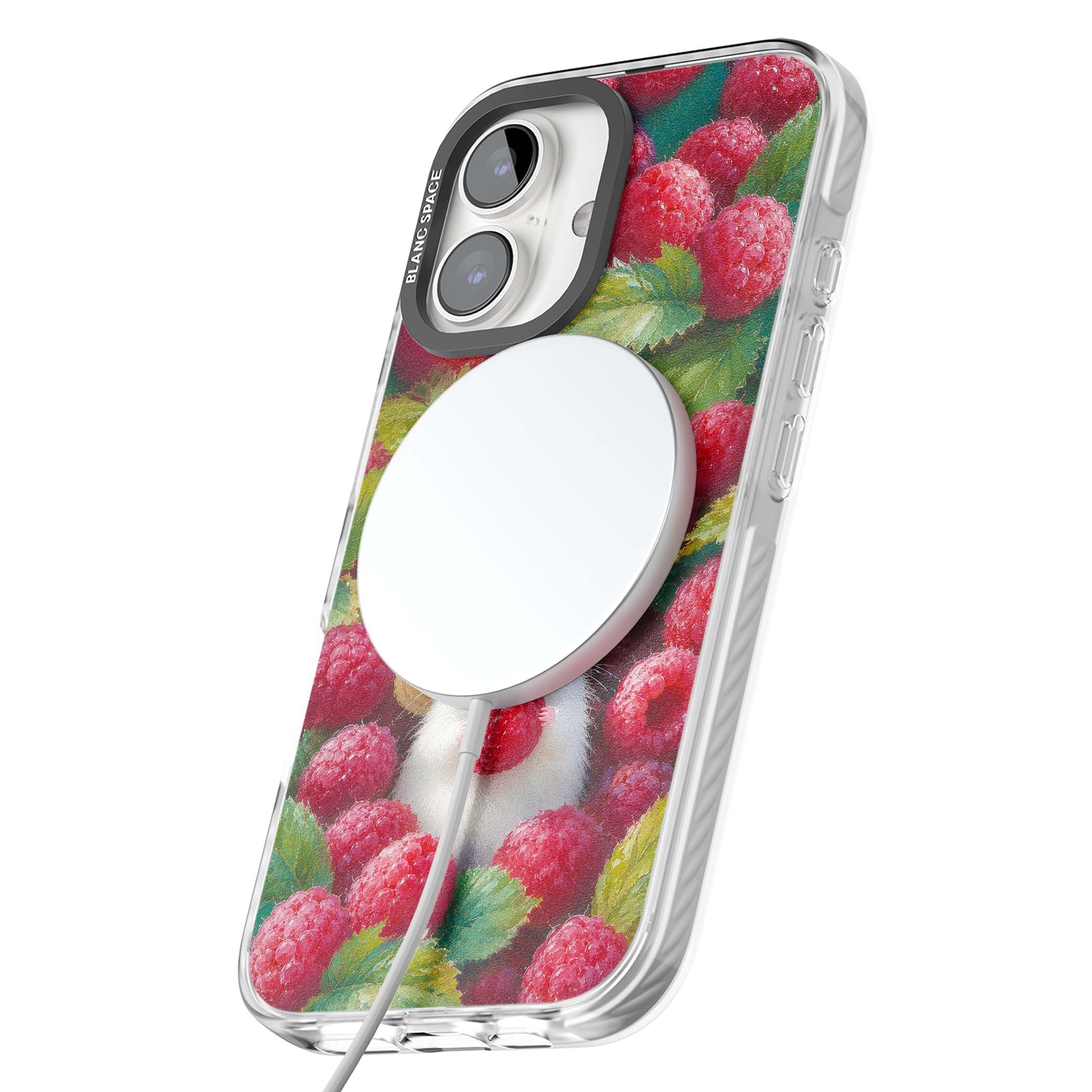 Berry Forager cottagecore iPhone case featuring a white hamster in a straw hat holding a raspberry surrounded by ripe ber | Impact Magsafe case for iPhone 16, iPhone 16 Plus