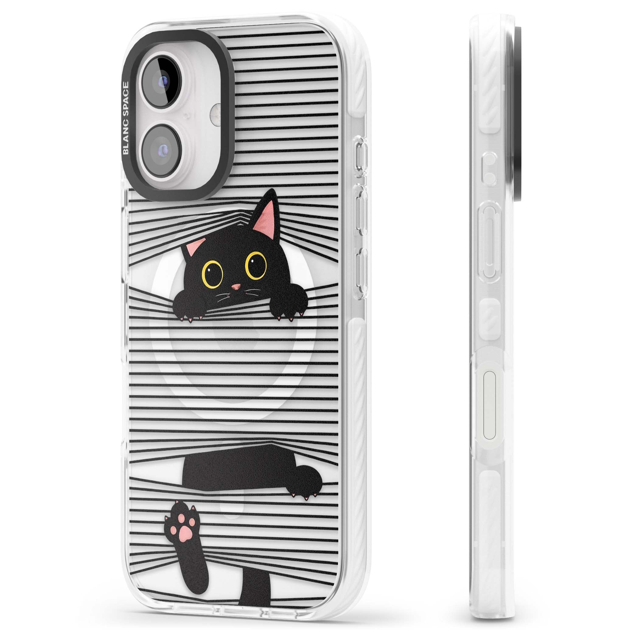 Peek-a-Boo Cat minimal iPhone case featuring black cat peeking through horizontal black and white stripes | Impact Magsafe case for iPhone 16, iPhone 16 Plus