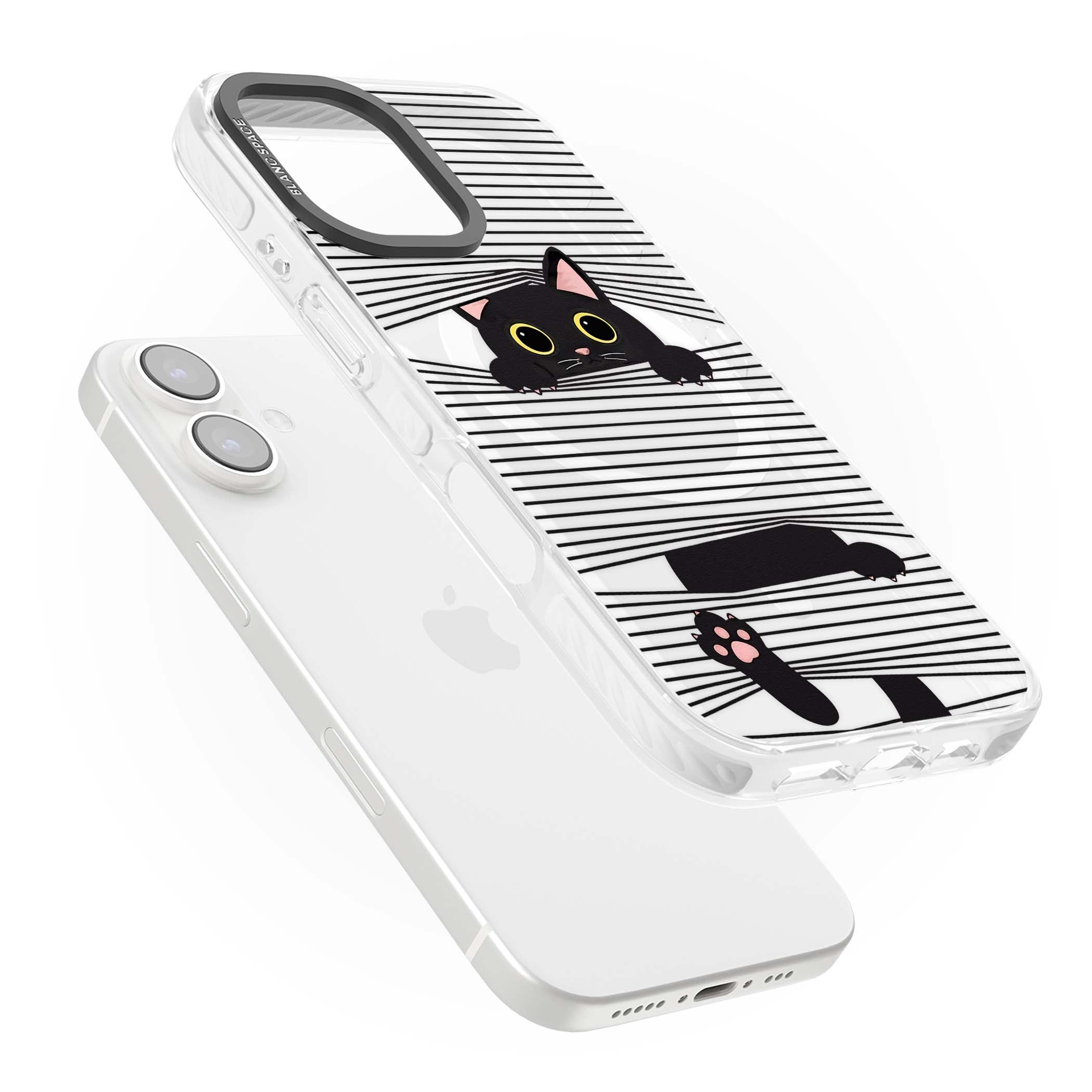 Peek-a-Boo Cat minimal iPhone case featuring black cat peeking through horizontal black and white stripes | Impact Magsafe case for iPhone 16, iPhone 16 Plus