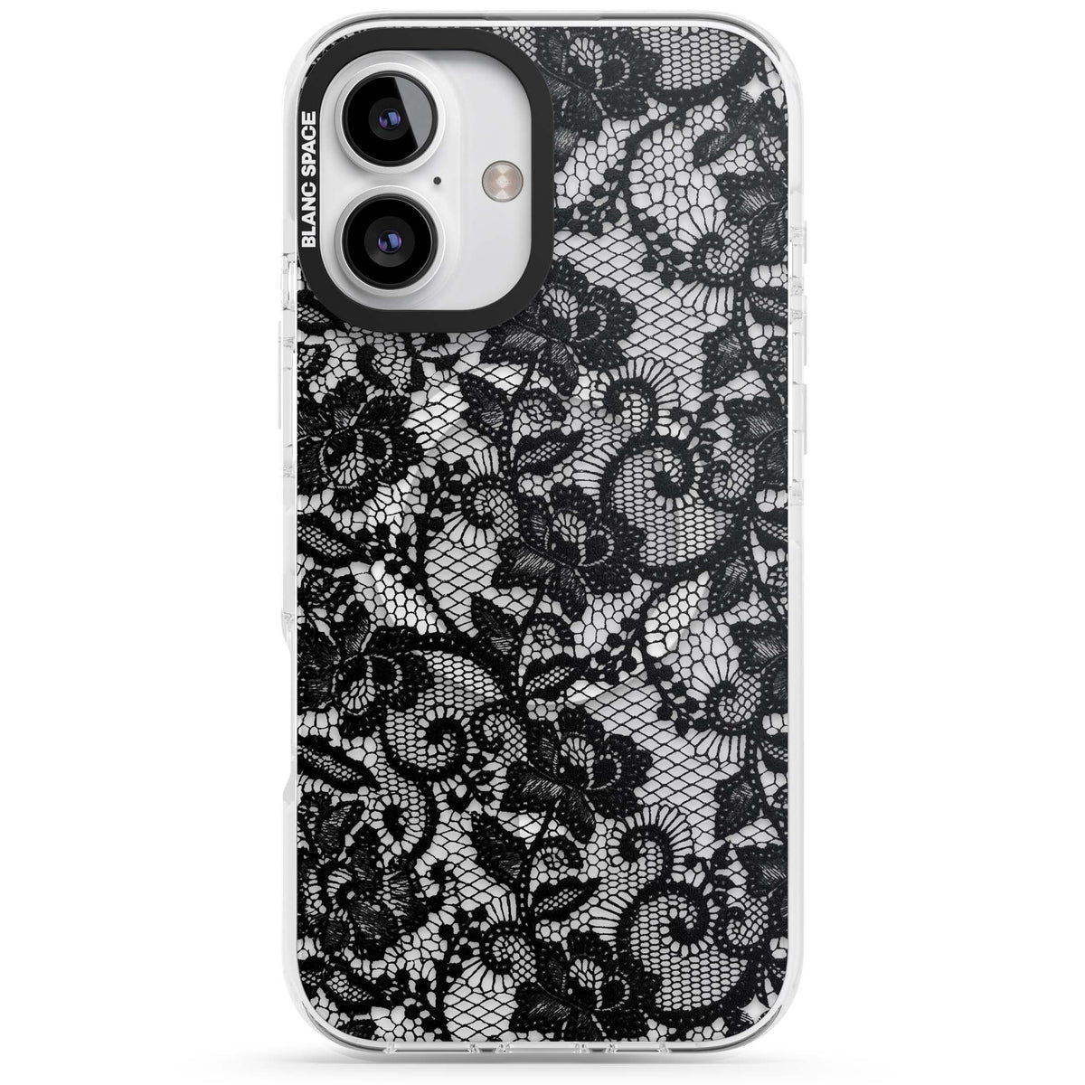 Black Lace gothic iPhone case featuring intricate black floral lace pattern with vintage whimsigoth detail | Impact Magsafe case for iPhone 16, iPhone 16 Plus