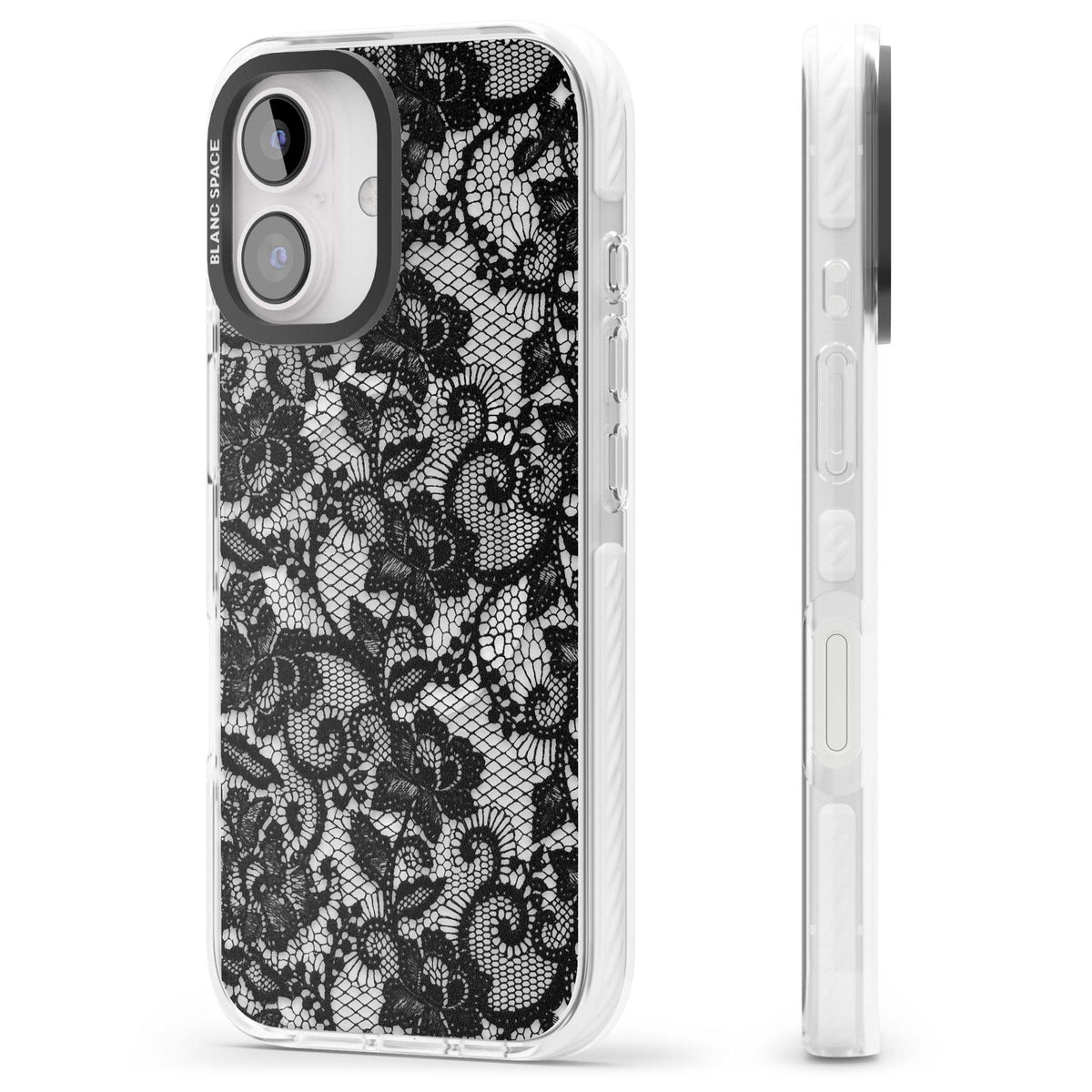 Black Lace gothic iPhone case featuring intricate black floral lace pattern with vintage whimsigoth detail | Impact Magsafe case for iPhone 16, iPhone 16 Plus